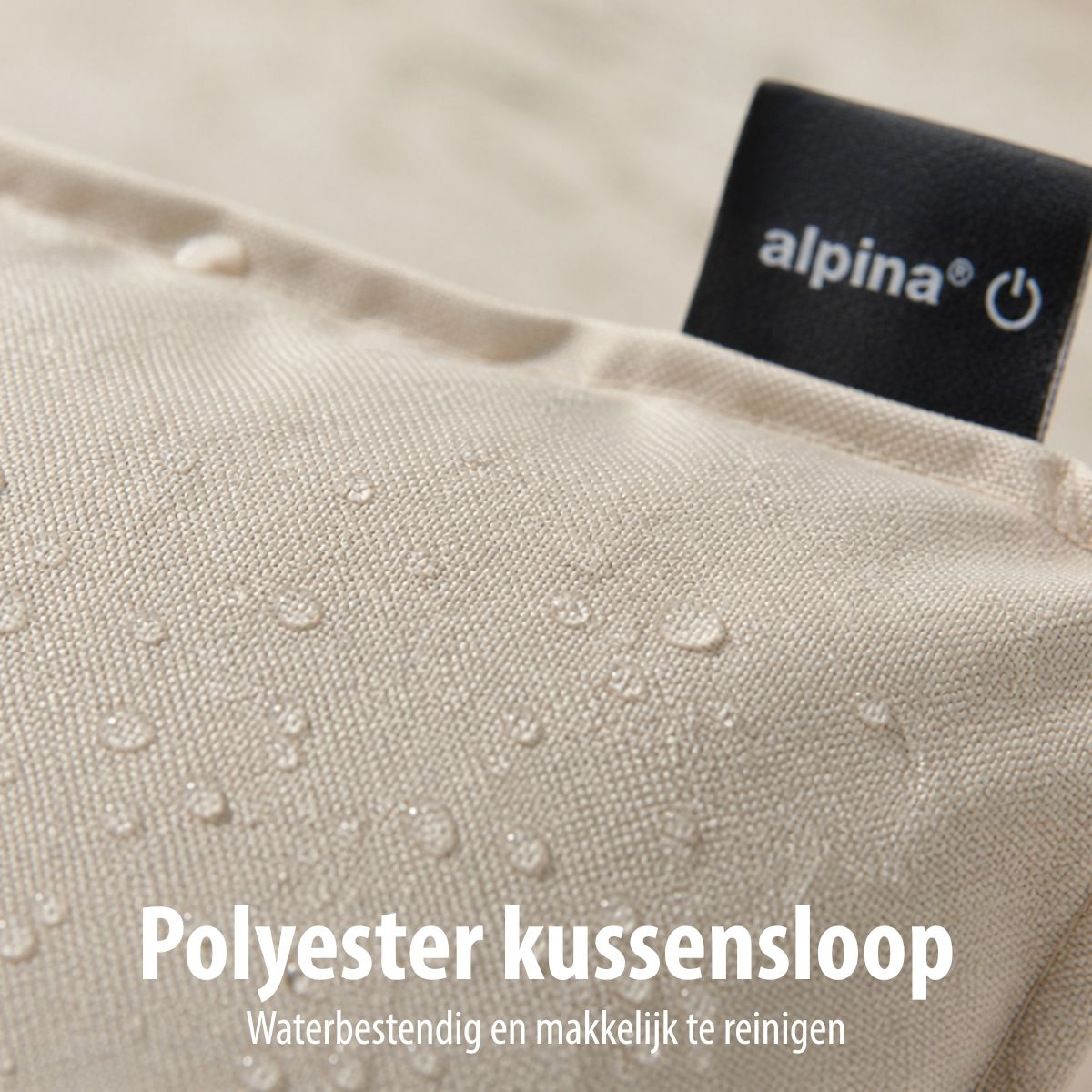 Beige polyester cushion cover with water droplets and Alpina logo.