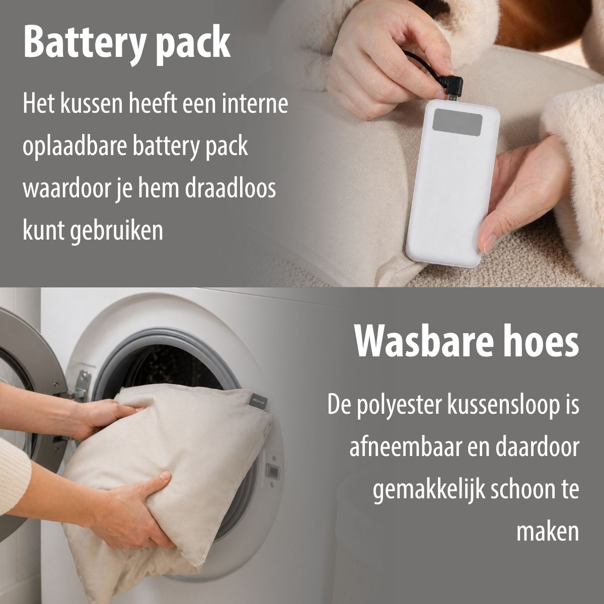 Person charges pillow with power bank. Pillow is placed in washing machine.