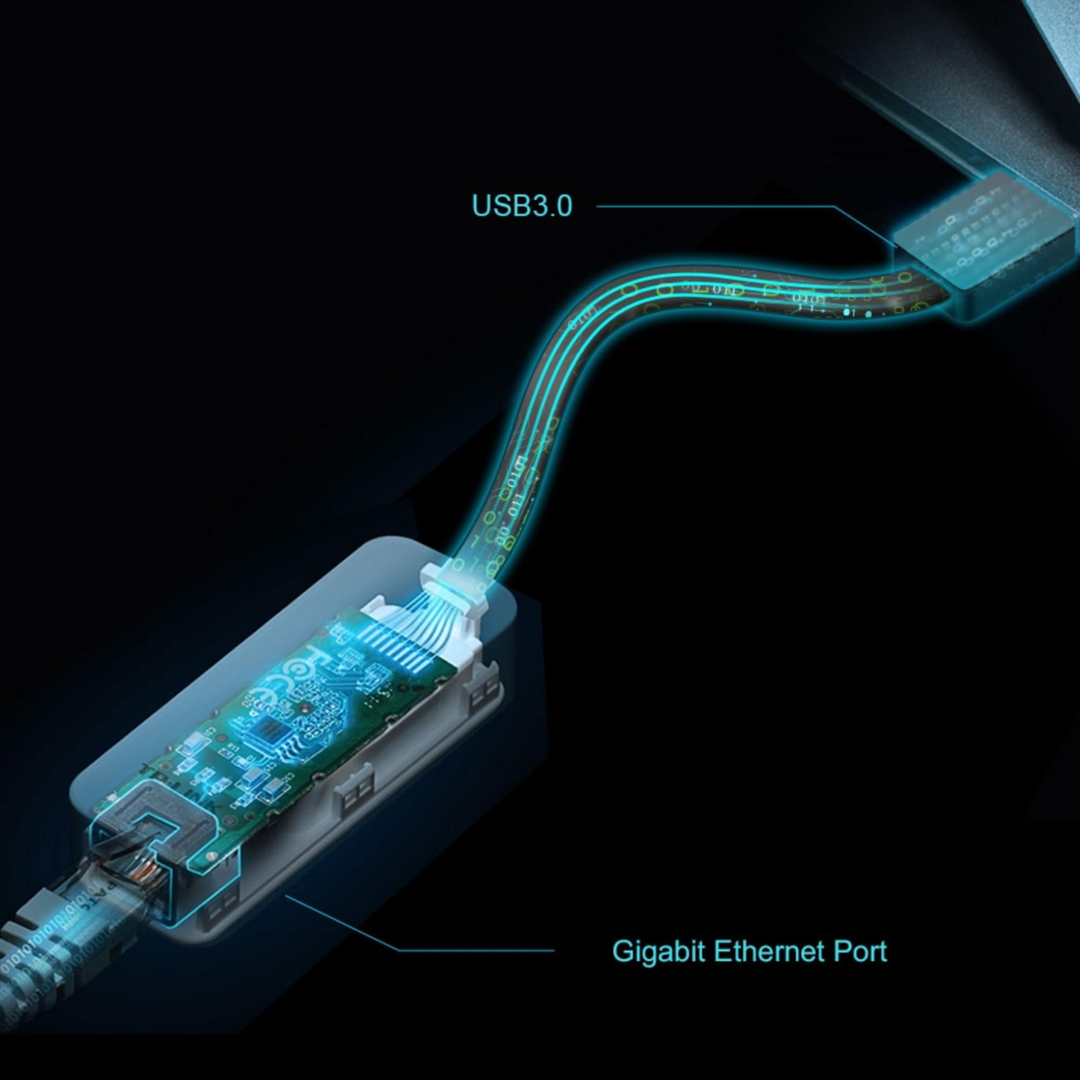 Un adaptador USB 3.0 conecta un puerto Gigabit Ethernet a un portátil.