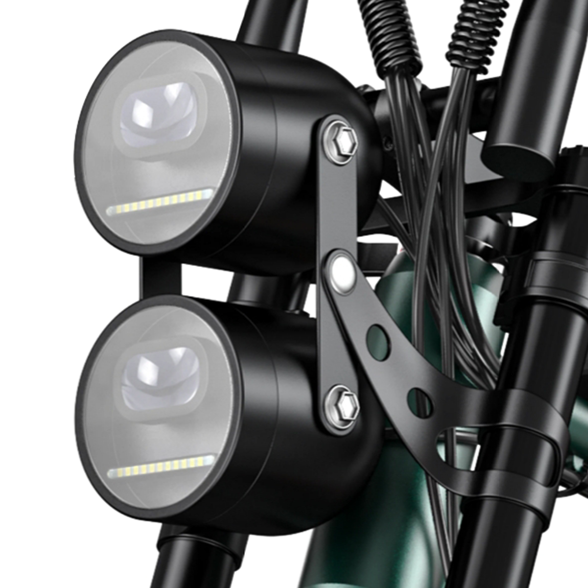 Due fari rotondi neri con strisce LED, montati su una moto.