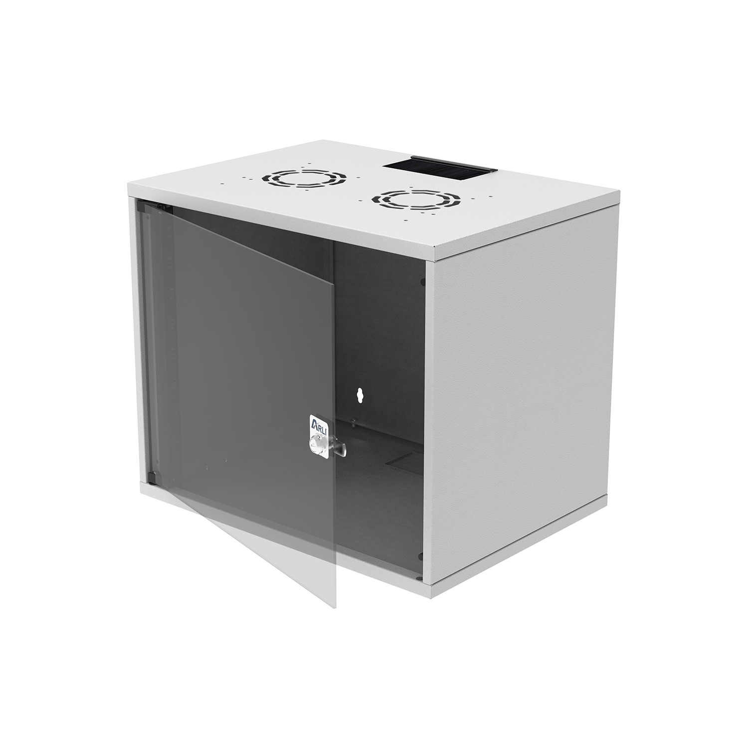 Ein grauer Serverschrank mit leicht geöffneter Glastür, Lüftungsschlitze oben.