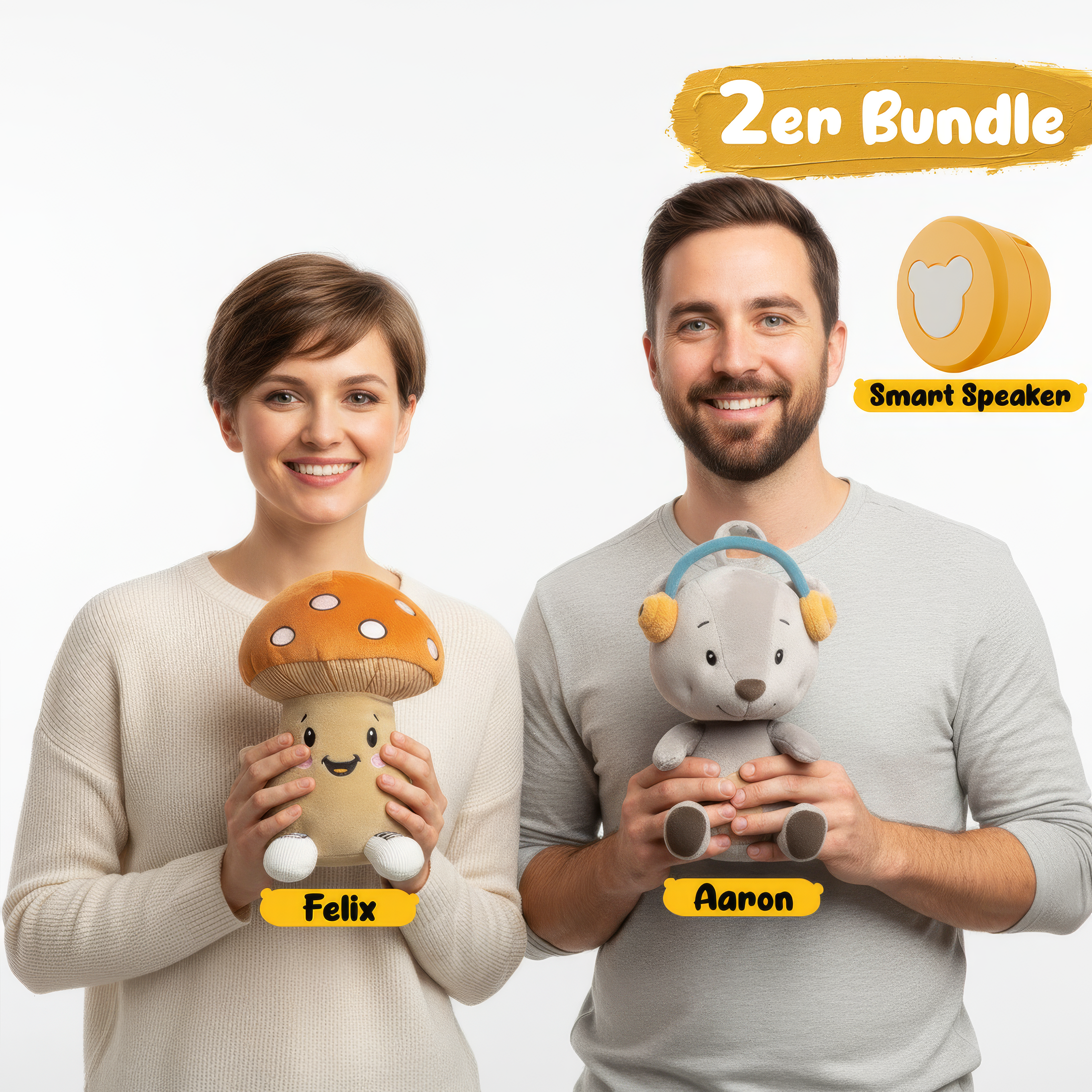 Mann und Frau halten Plüschtiere, Smart Speaker im Hintergrund.
