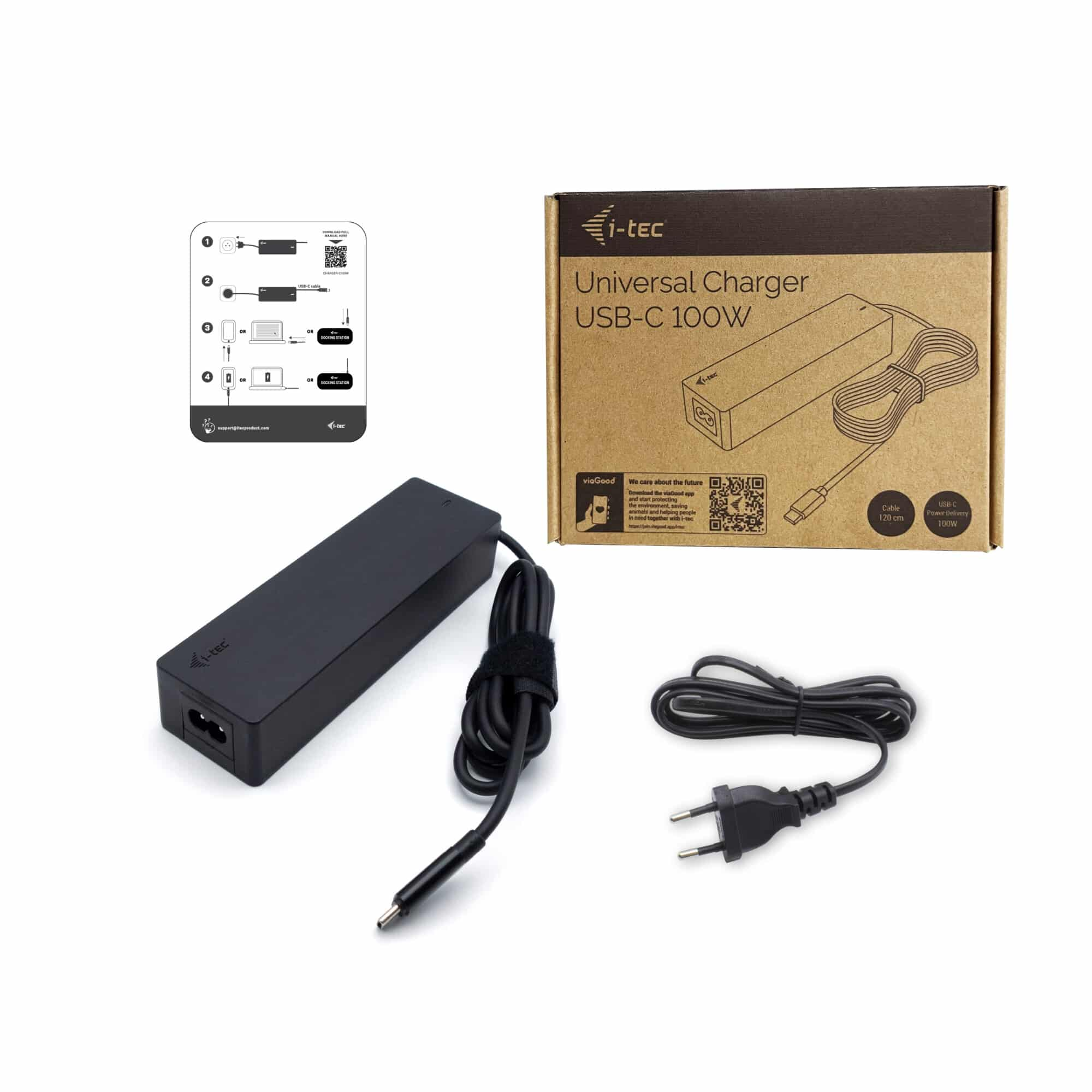 Un caricatore i-tec USB-C 100W nero con cavi e scatola.