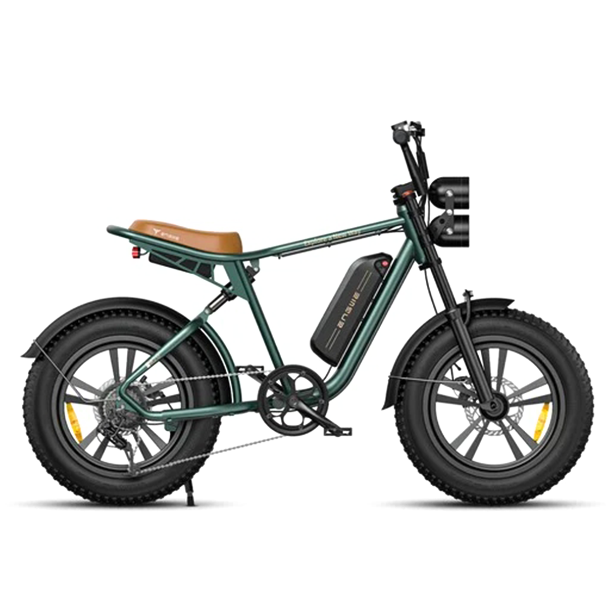 Una bicicletta elettrica verde con sella marrone e pneumatici larghi.