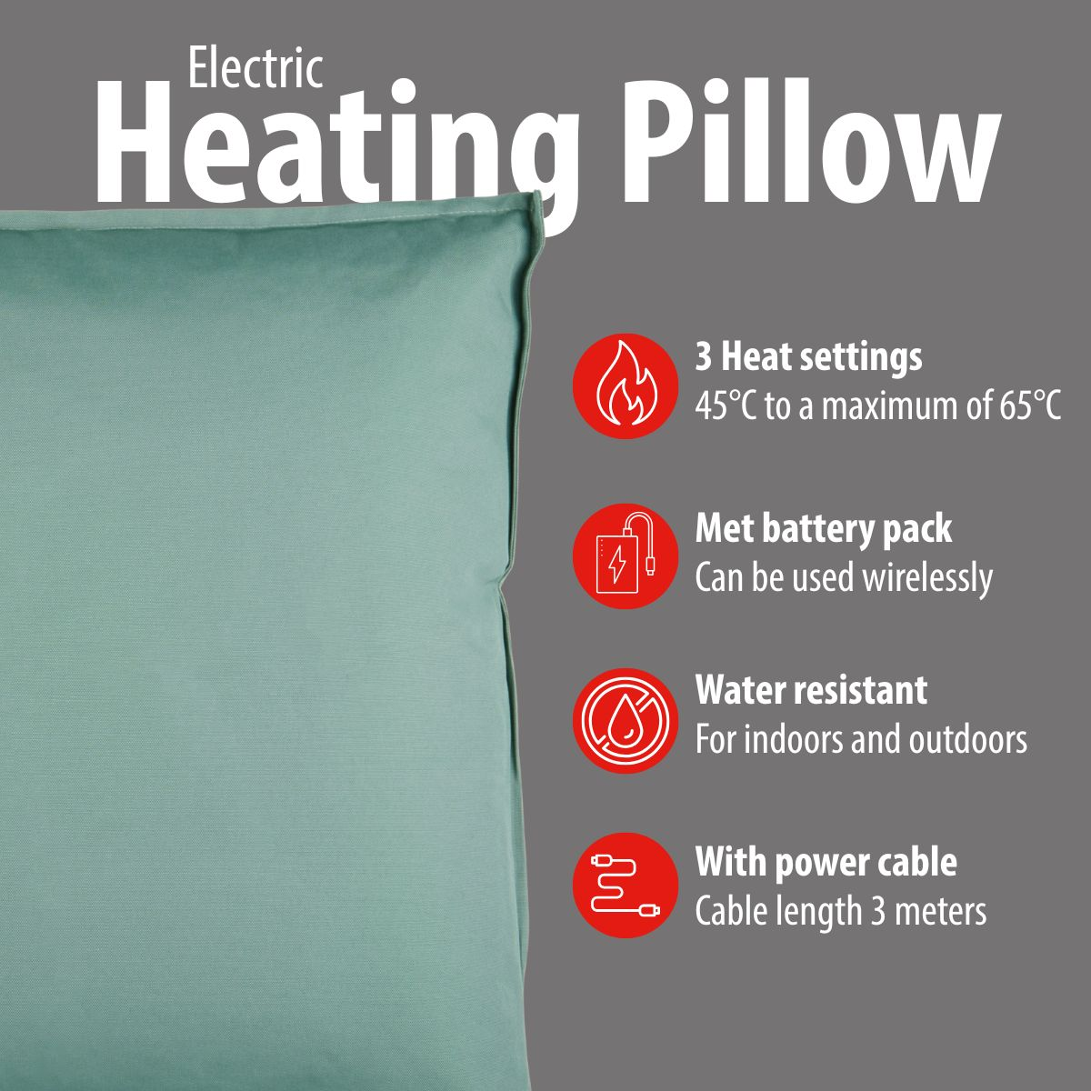 Electric Heating Pillow: 3 heat settings, battery pack, water resistant, 3m cable.
