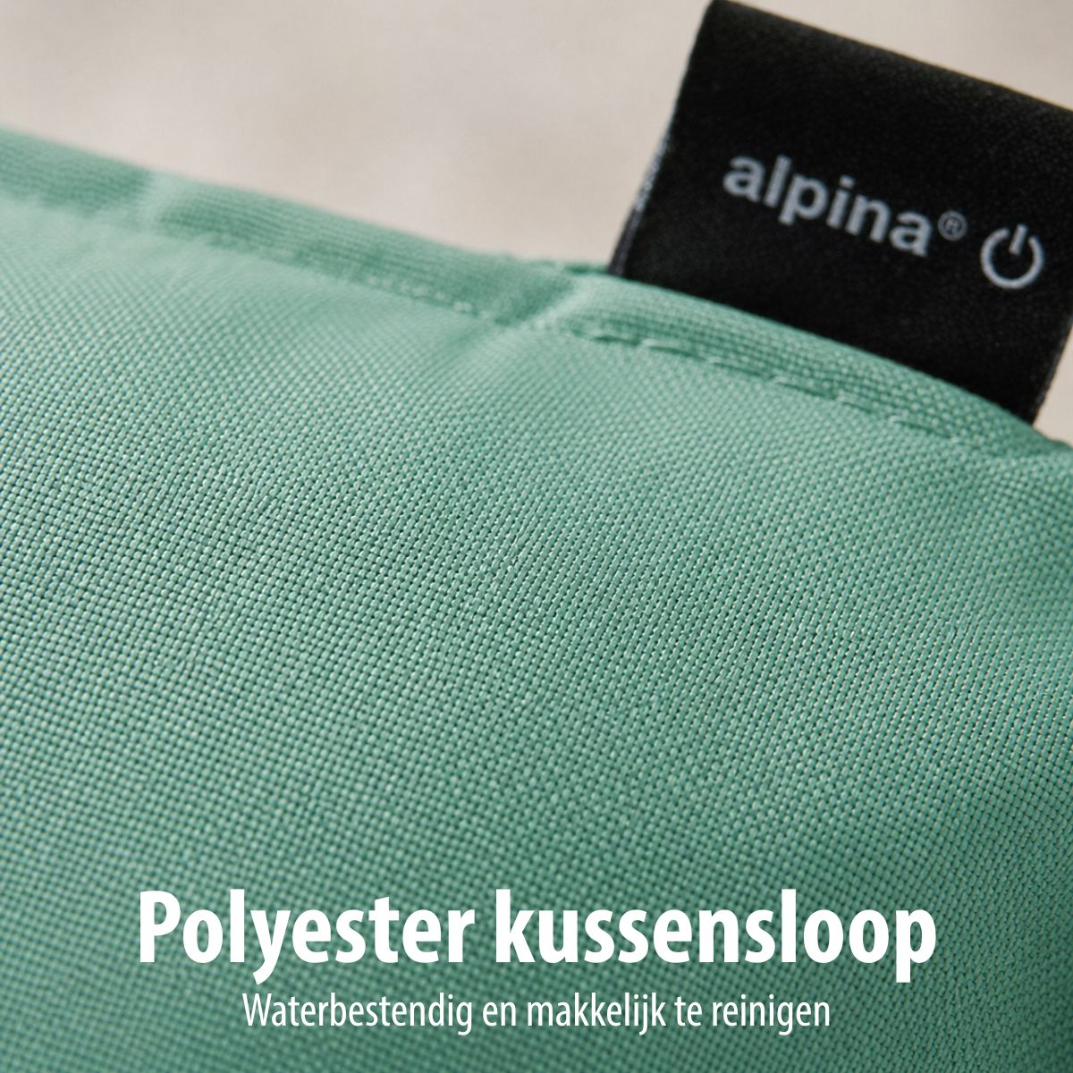 Green polyester cushion cover with Alpina logo. Water-resistant.