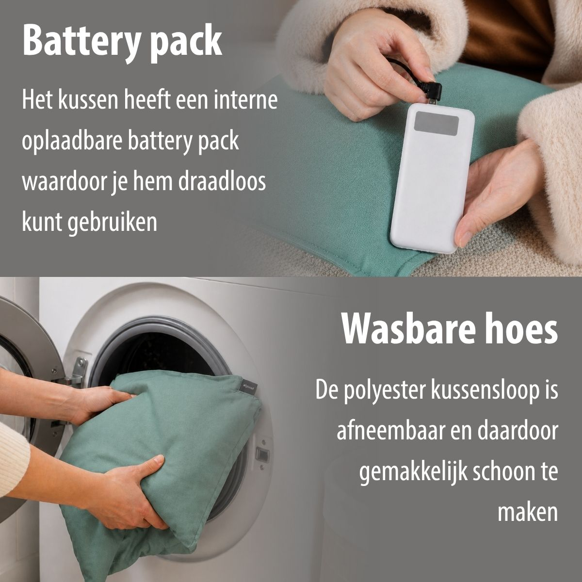 Top: Cushion with power bank. Bottom: Cushion being placed in washing machine.