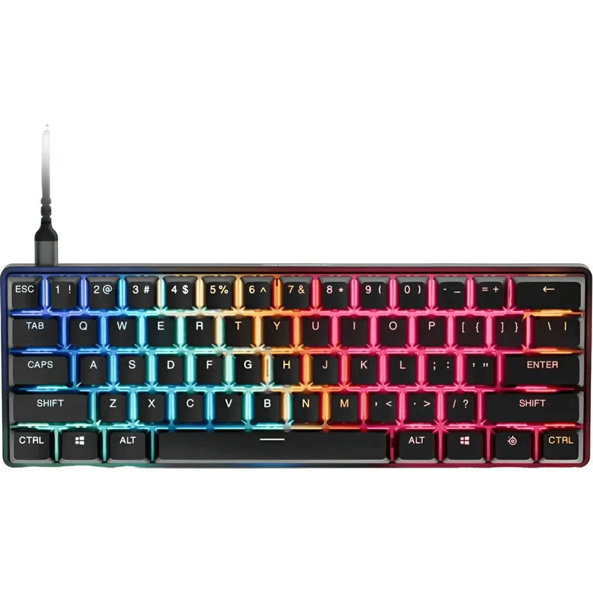 Un teclado mecánico compacto con retroiluminación RGB vibrante. Las teclas muestran letras y símbolos.