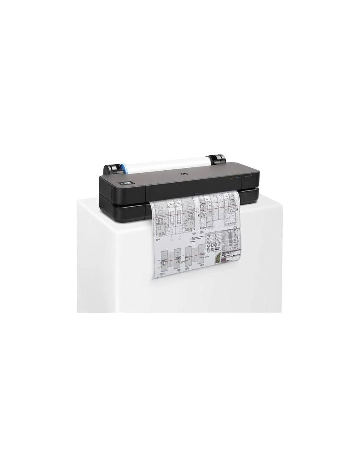 Un plotter negro con un plano arquitectónico sobre un pedestal blanco.