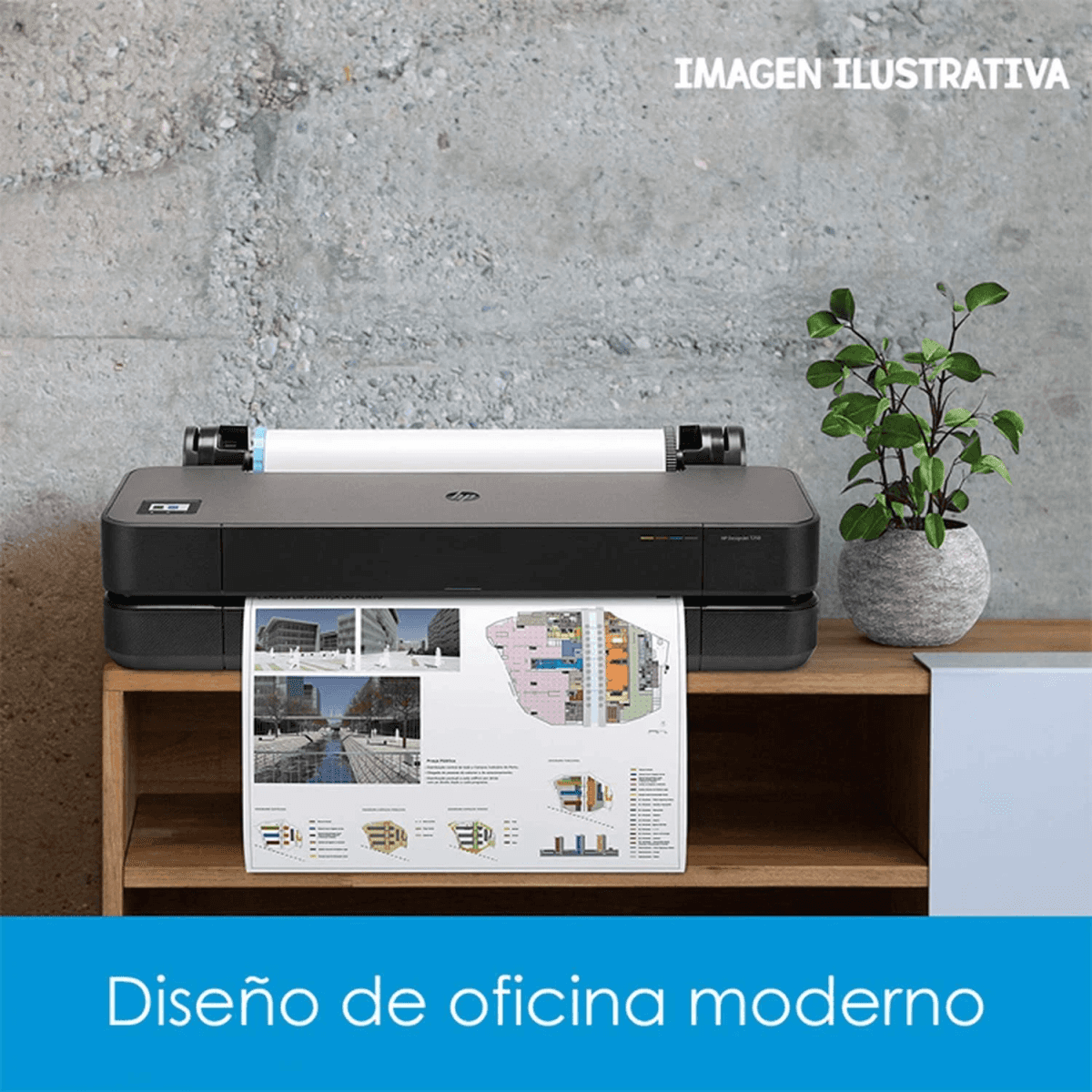 Una impresora imprime planos en papel, con una planta al lado.