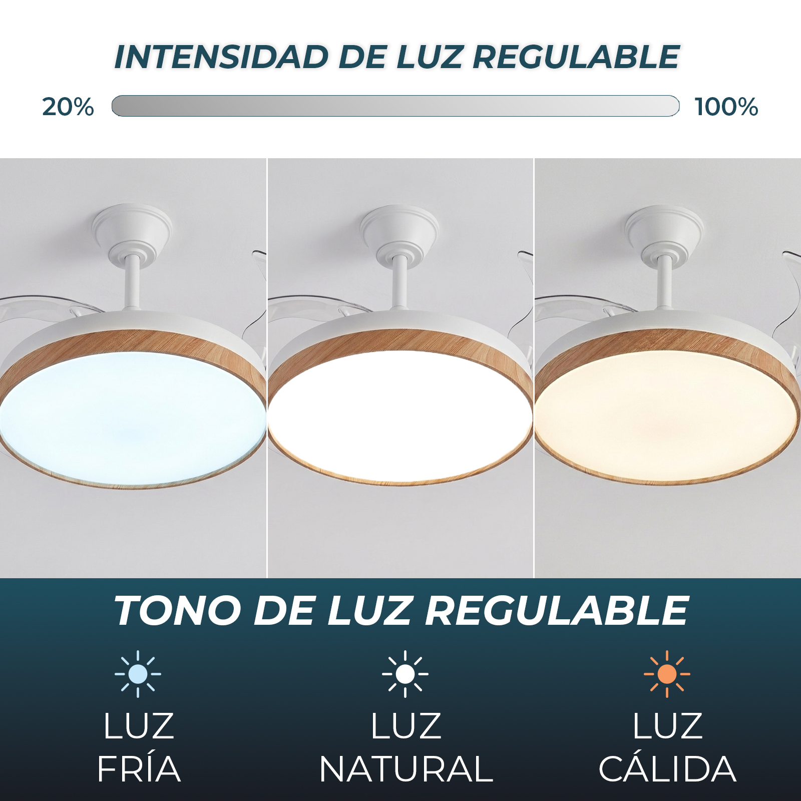 Luz de techo con tres colores de luz: blanco frío, natural y cálido.