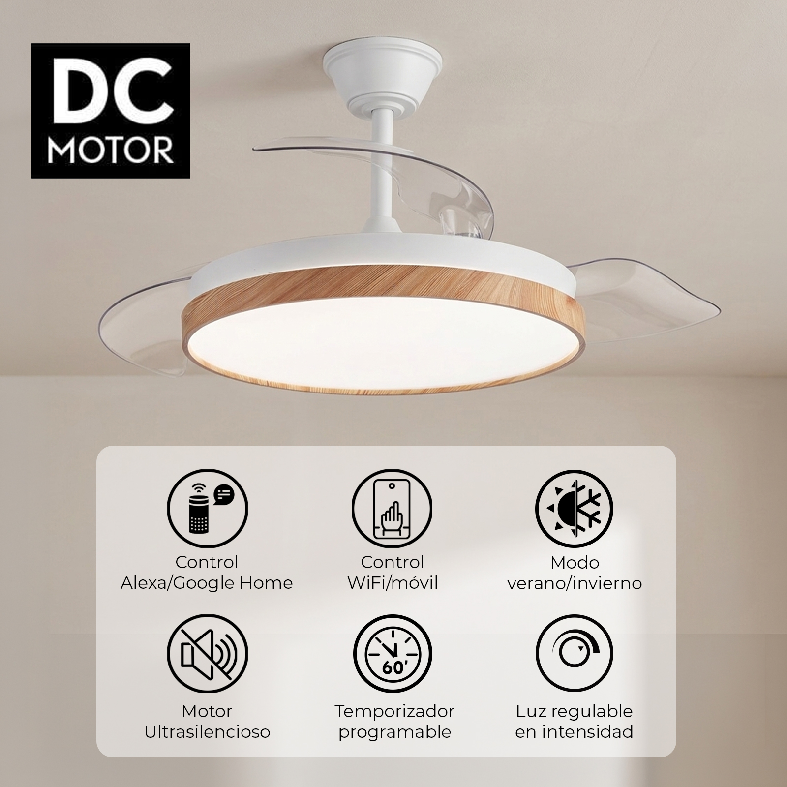 Ventilador de techo con luz, borde de madera e iconos de motor CC.