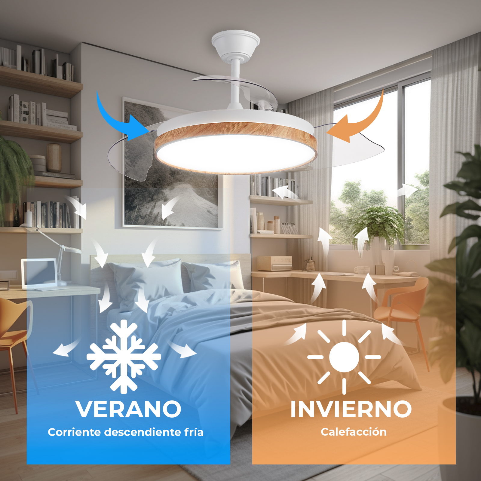 Ventilador de techo con luz en dormitorio, mostrando modos verano e invierno.