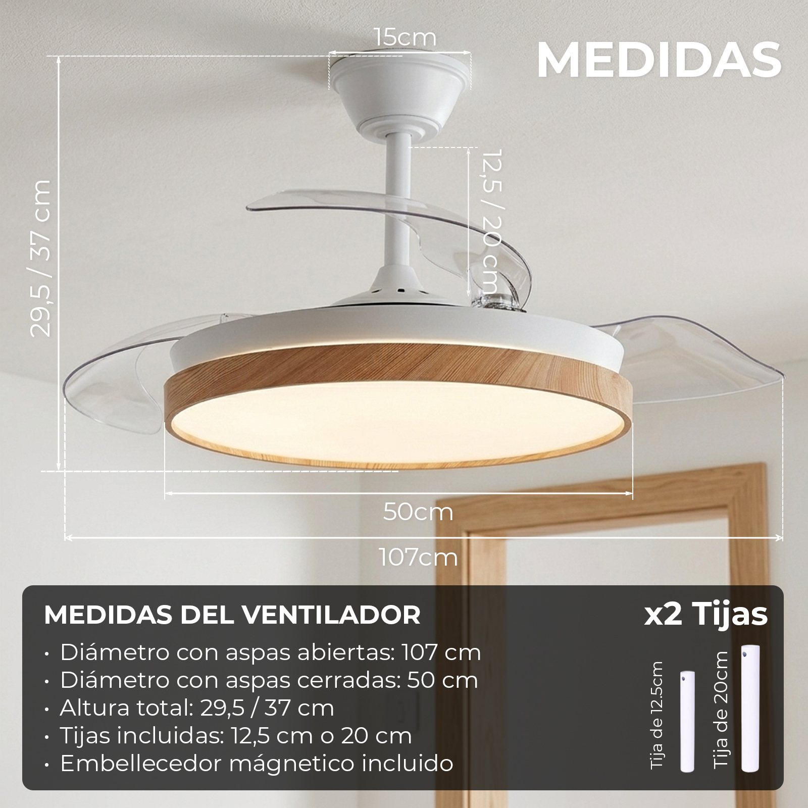 Ventilador de techo con borde de madera y luz LED, con medidas.
