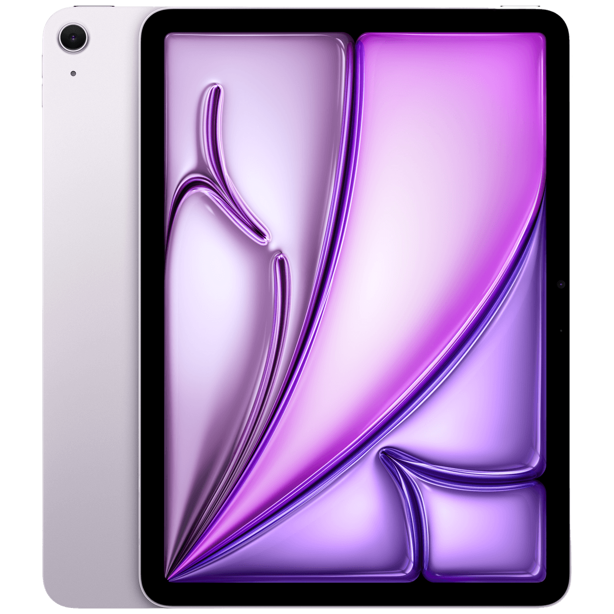 Un tablet argento che mostra uno sfondo viola e bianco.