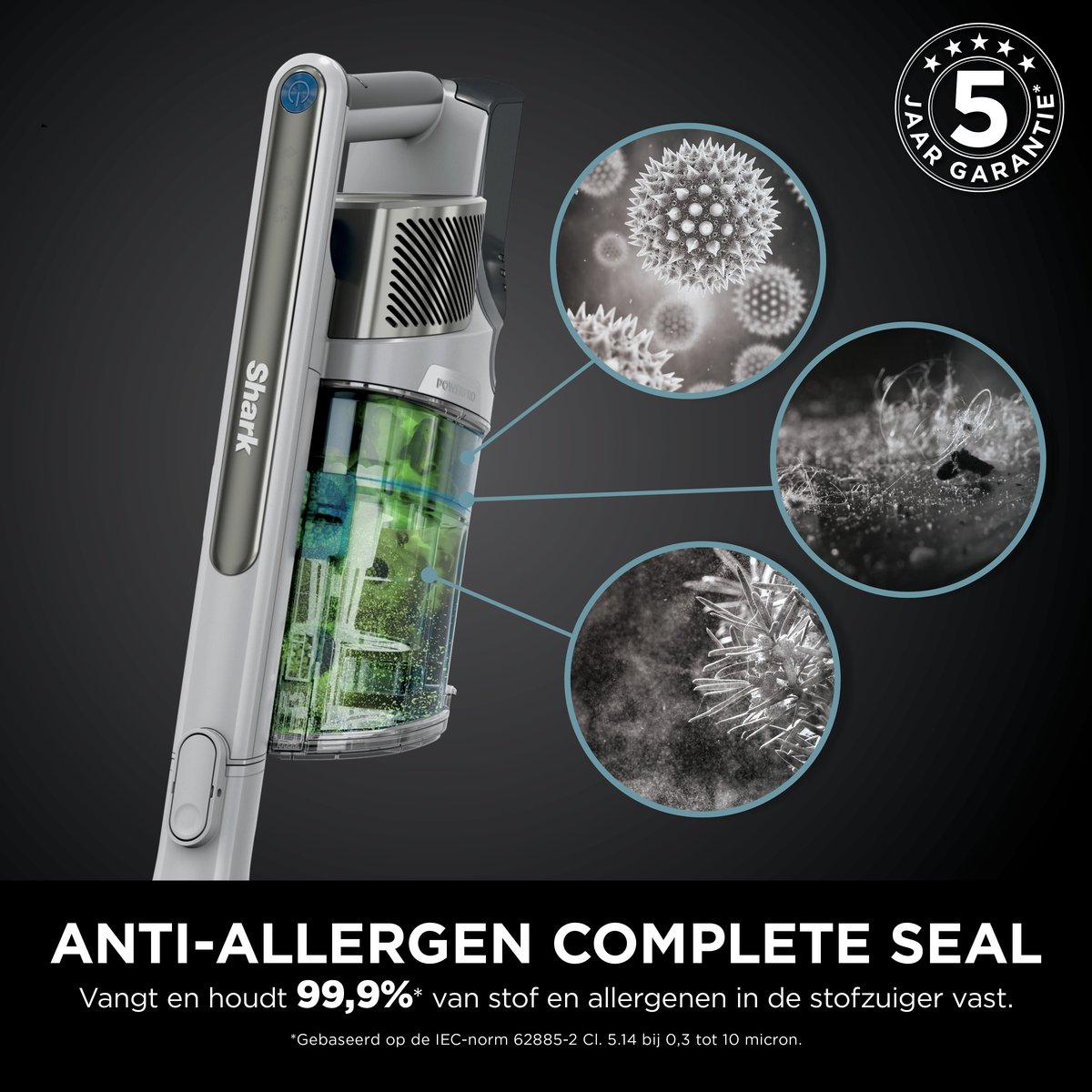 Shark stofzuiger met anti-allergeen afdichting, toont pollen, stof en mijten.