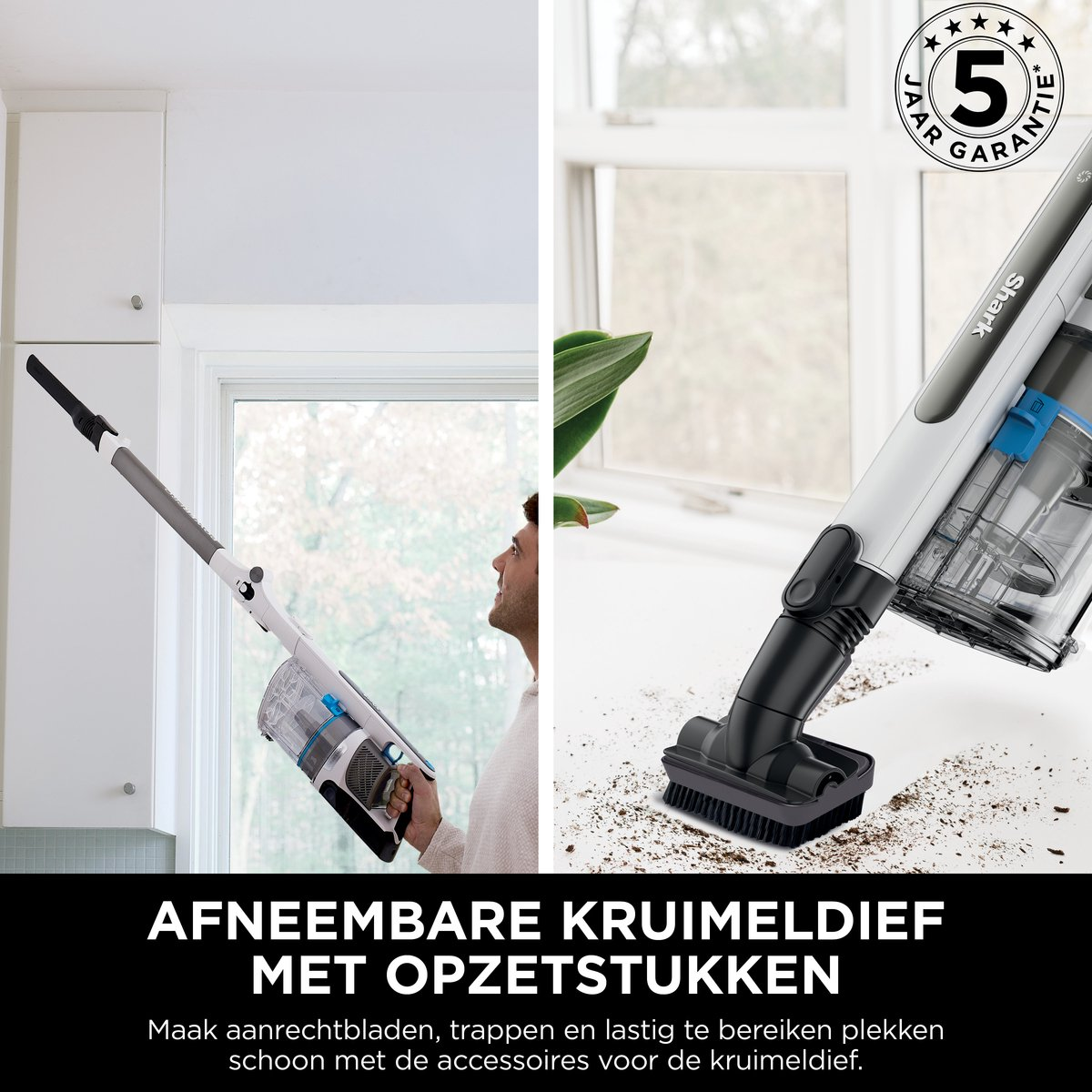 Een man gebruikt een witte Shark kruimeldief om schoon te maken.