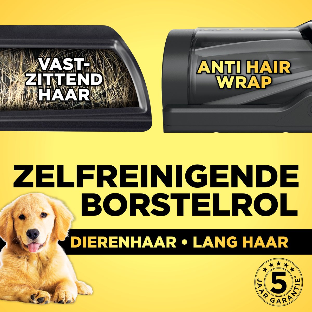 Zelfreinigende borstelrol met Golden Retriever en Anti Hair Wrap.
