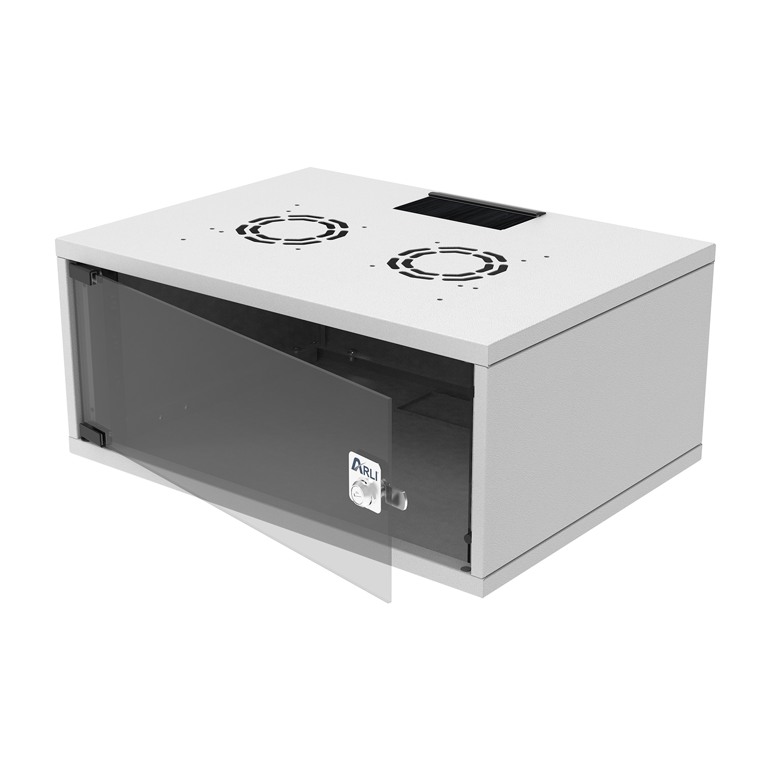 Ein graues Rackgehäuse mit einer Glastür, die geöffnet ist. Lüftergitter oben.