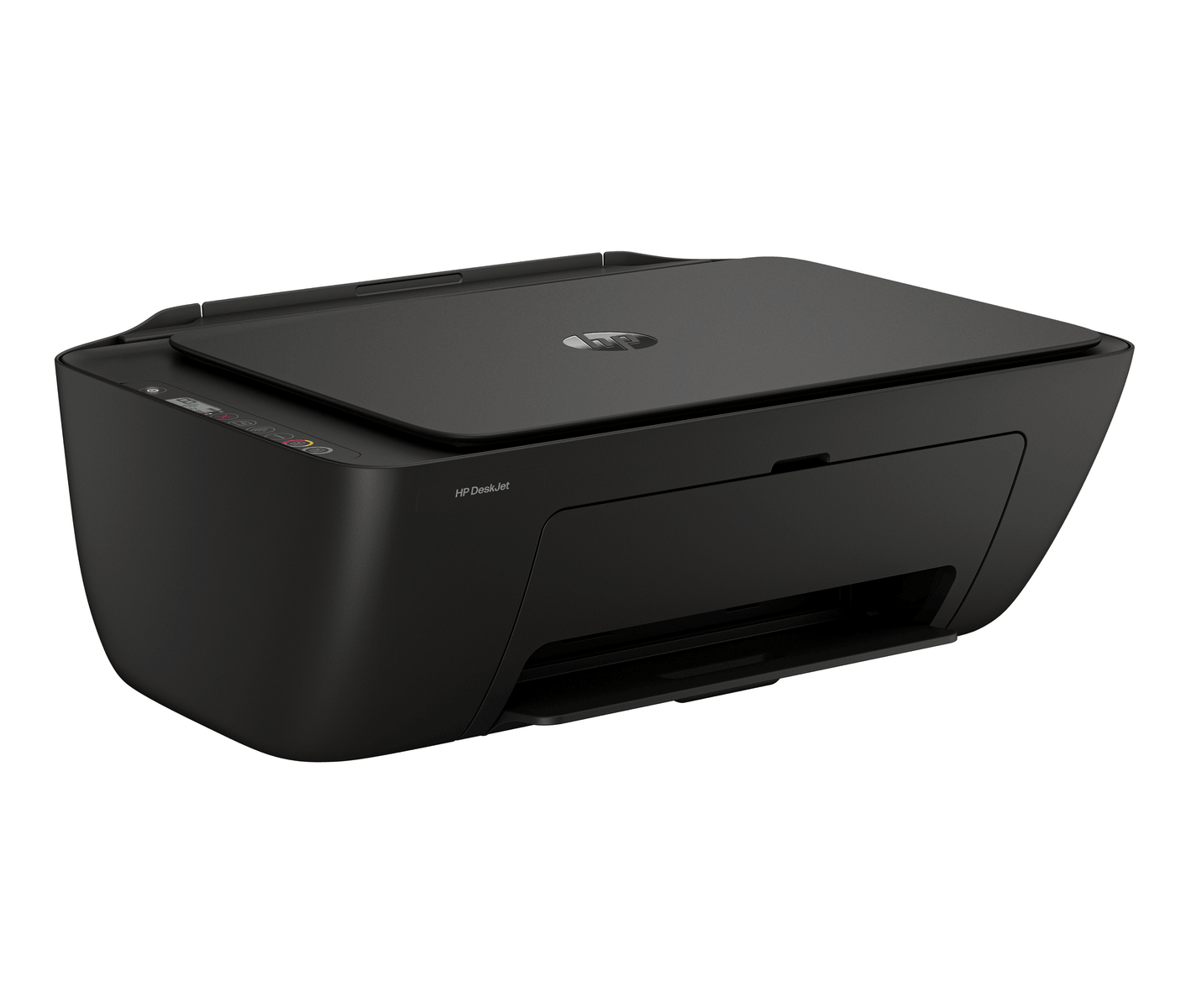 Ein schwarzer HP DeskJet Drucker steht auf weißem Hintergrund.