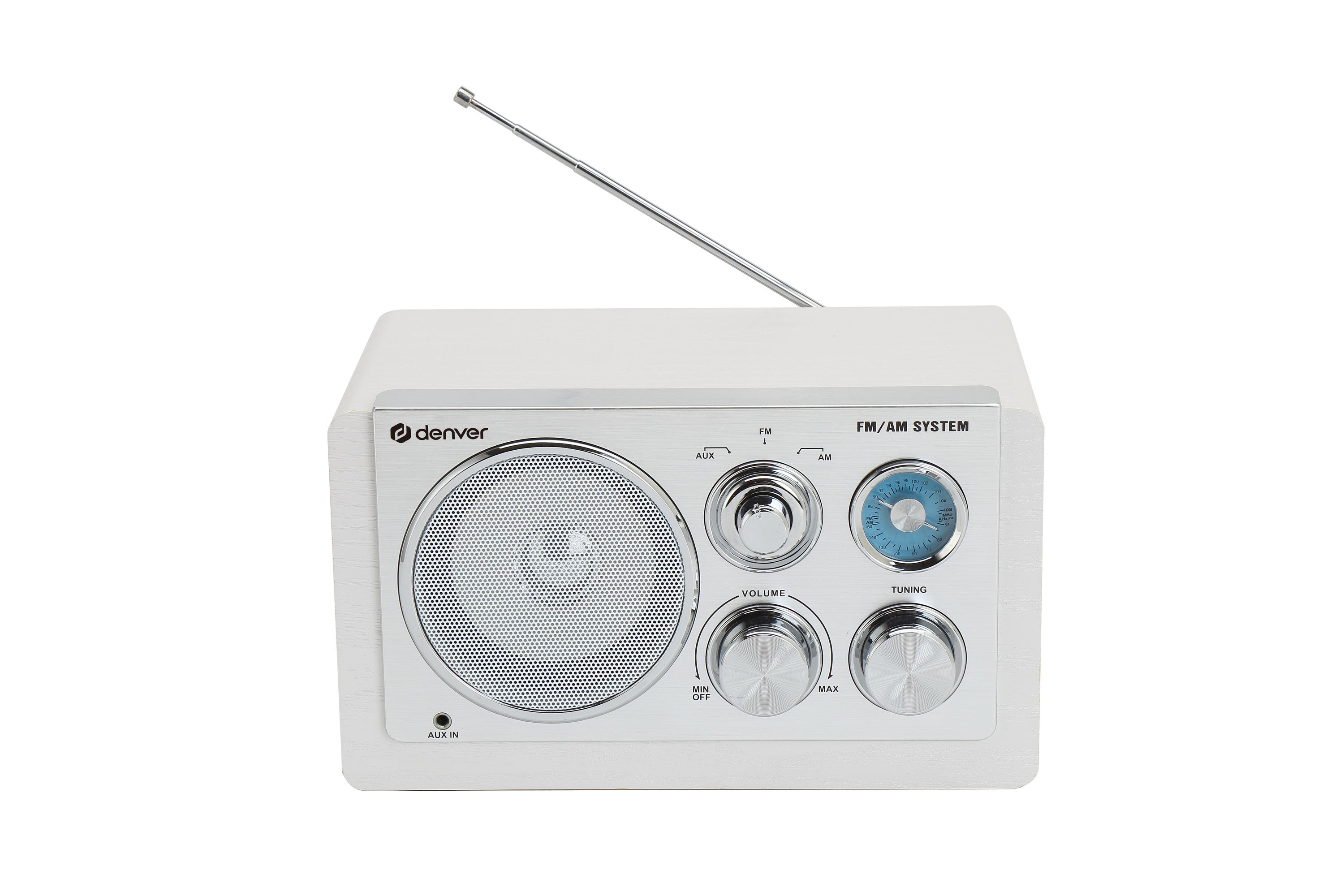A white Denver FM/AM radio with silver controls and an antenna.