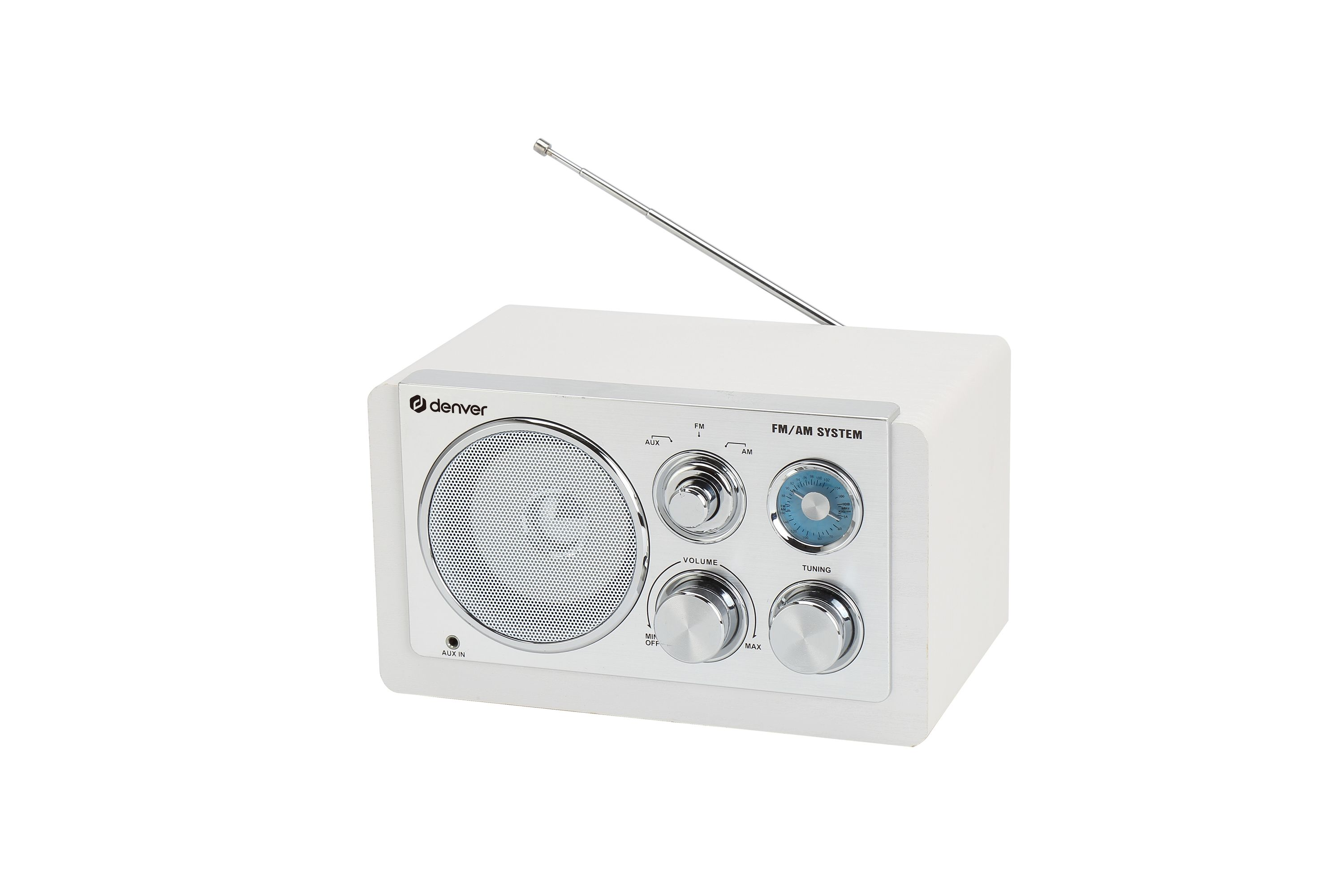 A white Denver FM/AM radio with silver knobs and speaker.