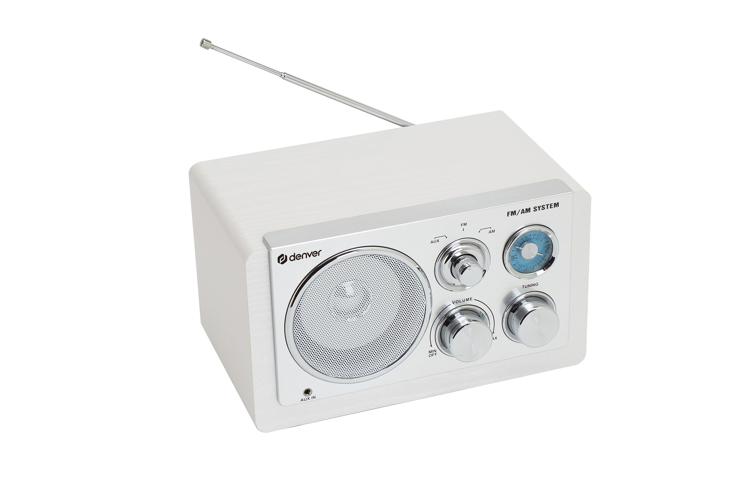 A white FM/AM radio with a silver front, volume knob, and antenna.