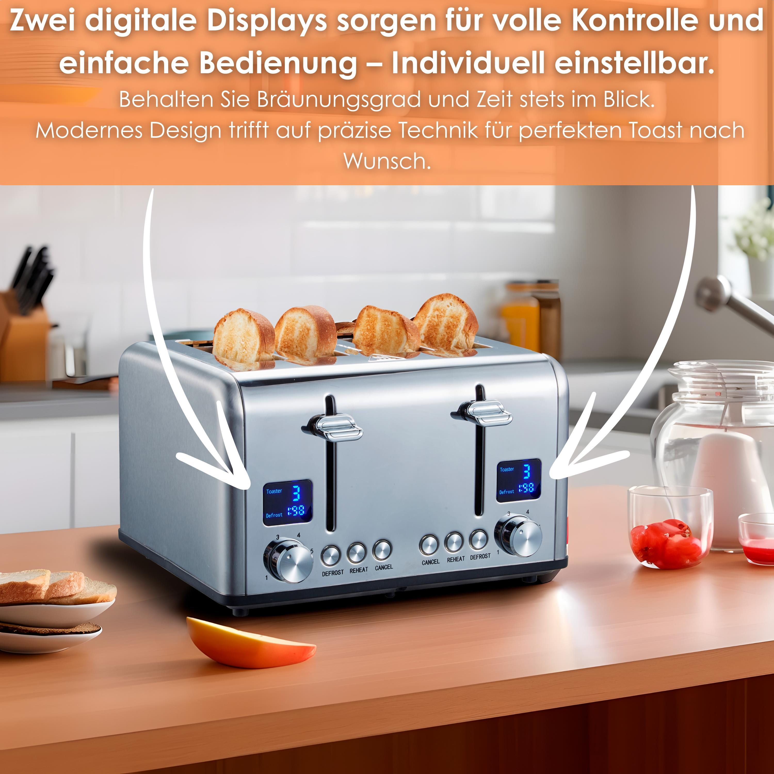 Ein silberner Toaster mit vier Toastscheiben. Links liegen Toastbrot und Obst.