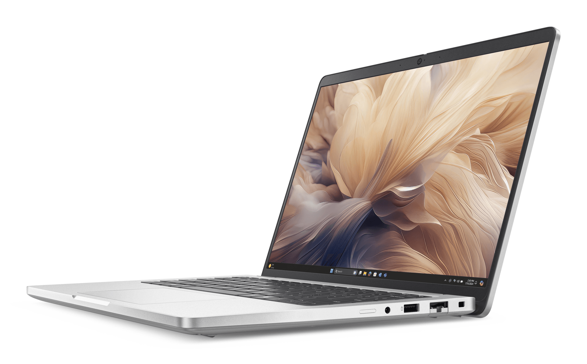 Ein silberner Laptop ist geöffnet, mit abstrakter Kunst auf dem Bildschirm.