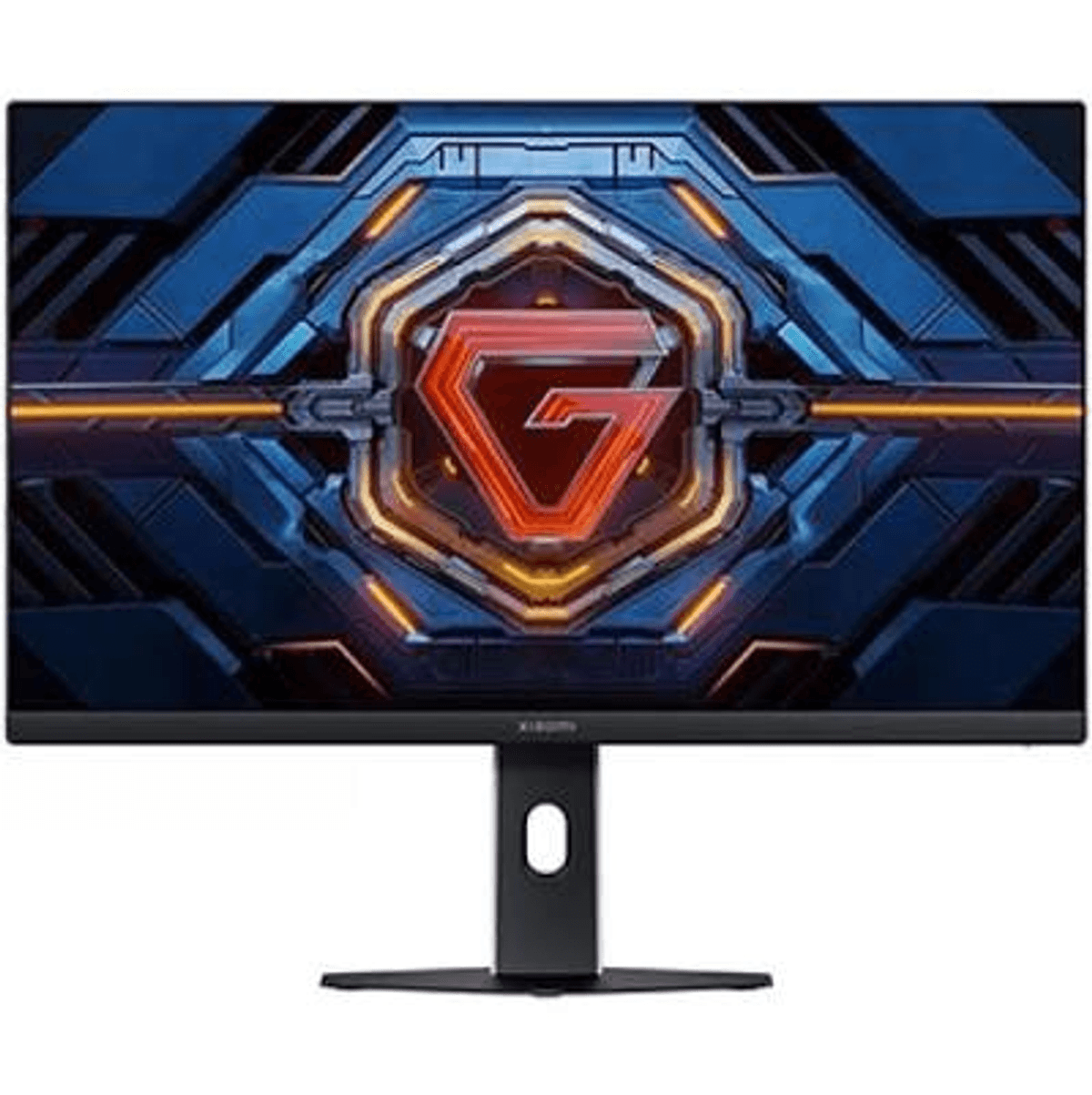 Monitor gamingowy z czerwonym logo 'G' na niebieskim, futurystycznym tle.