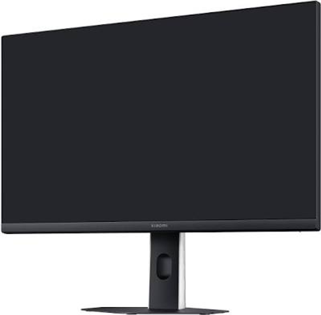 Czarny monitor stoi na podstawce na białym tle.