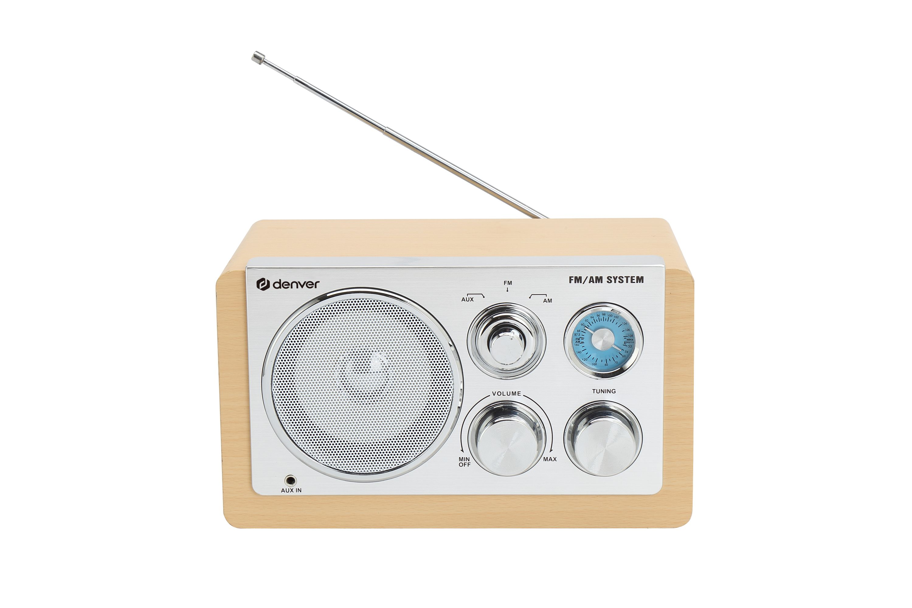 A light brown radio with silver controls and an antenna.