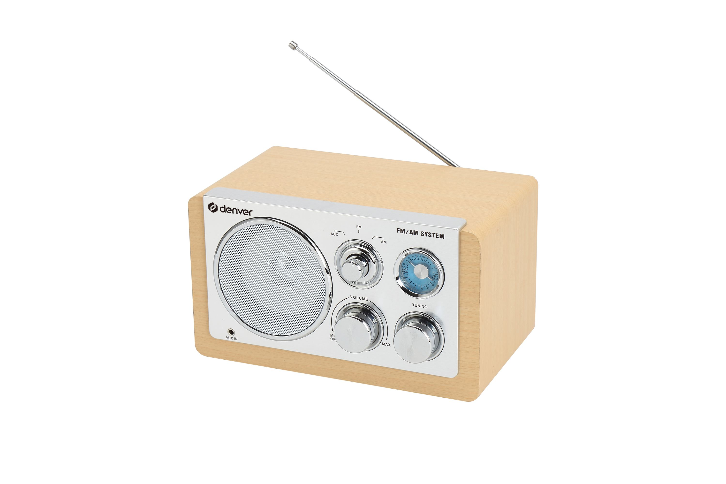 A light brown radio with silver knobs and an extendable antenna.