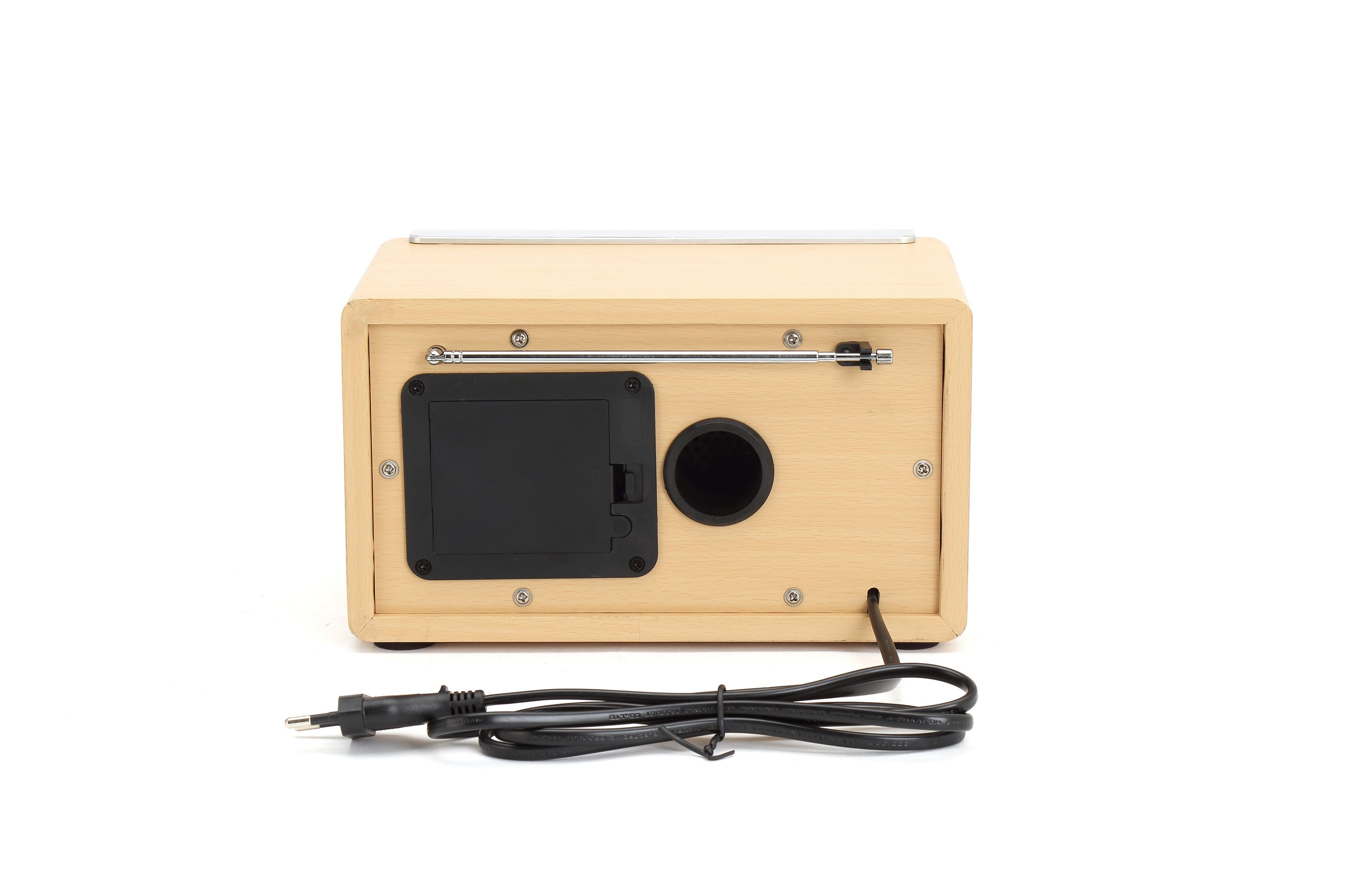 Wooden radio with extendable antenna, black cover, and speaker grill.