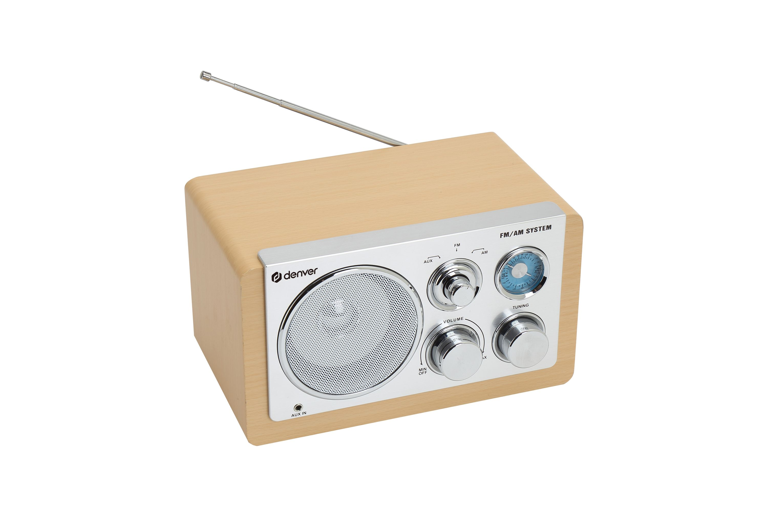 A wooden radio with a silver front, speaker, knobs, and antenna.