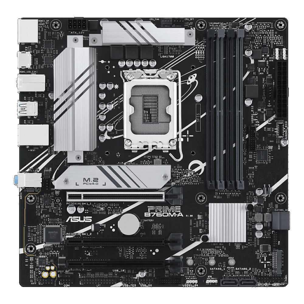 Scheda madre nera con dissipatori argentati e socket CPU.