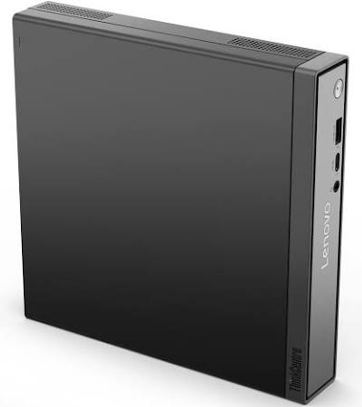 Una delgada carcasa negra de mini PC Lenovo ThinkCentre con puertos en el lateral.