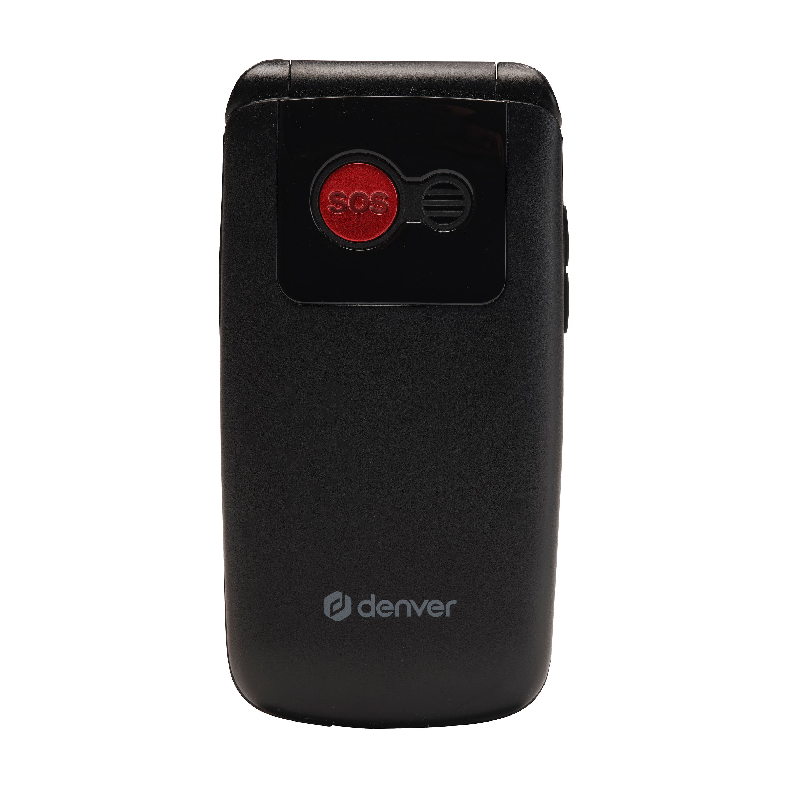 Téléphone portable noir avec bouton SOS rouge et logo Denver.