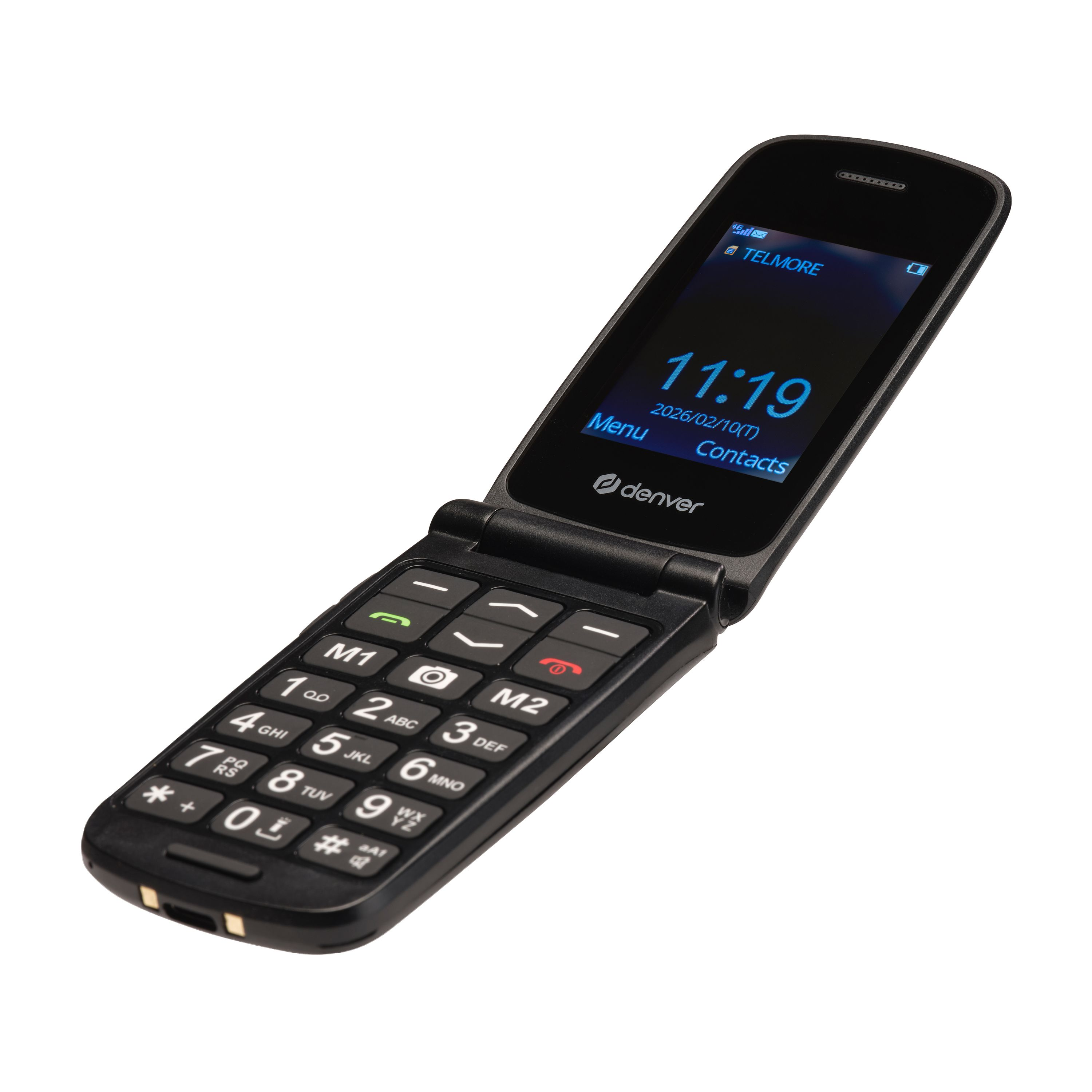 Un téléphone à clapet Denver noir ouvert montrant le clavier et l'écran.