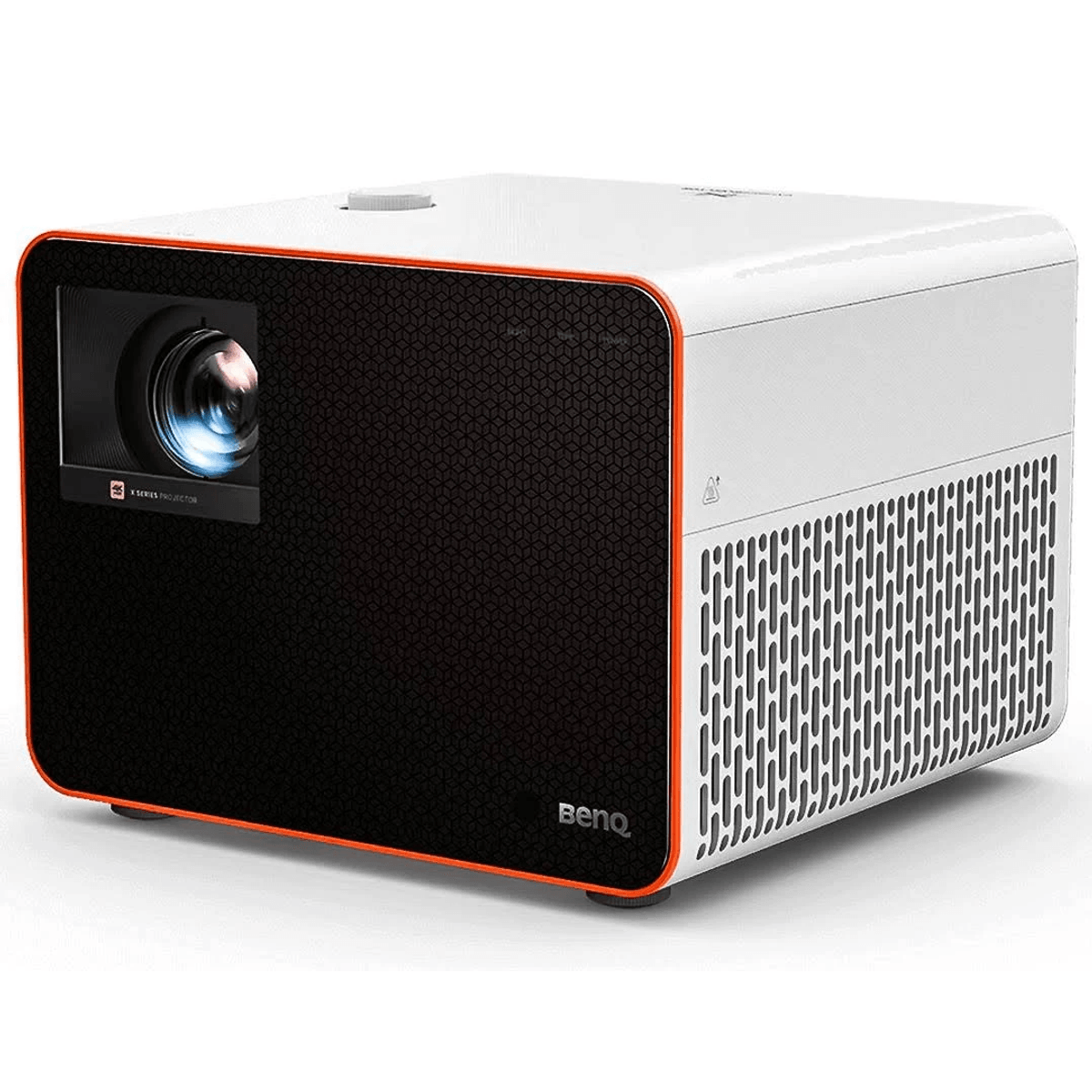 Ein weißer BenQ-Projektor mit schwarzer Vorderseite und orangefarbenem Rand.