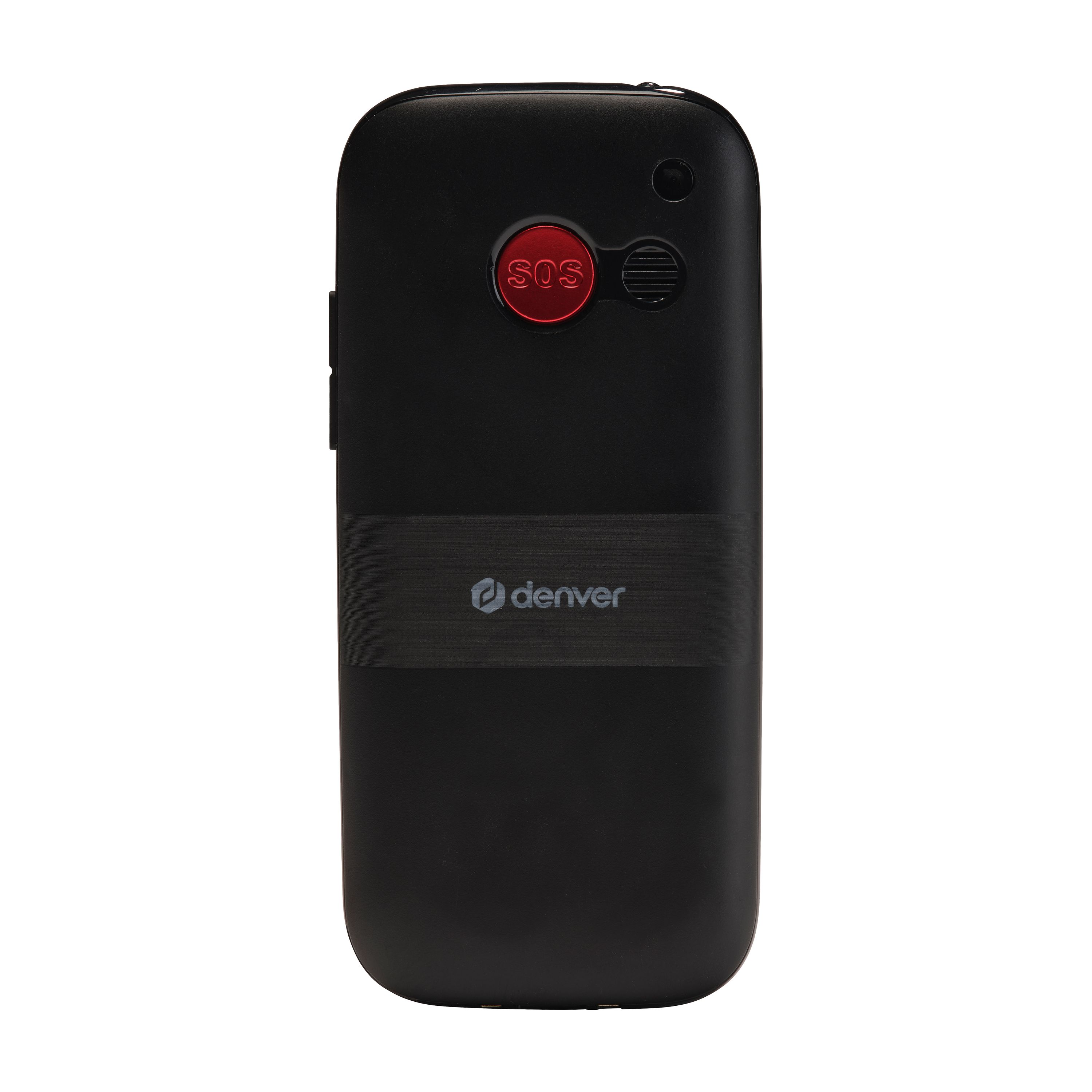Zwarte Denver telefoon met rode SOS-knop en luidsprekergril.