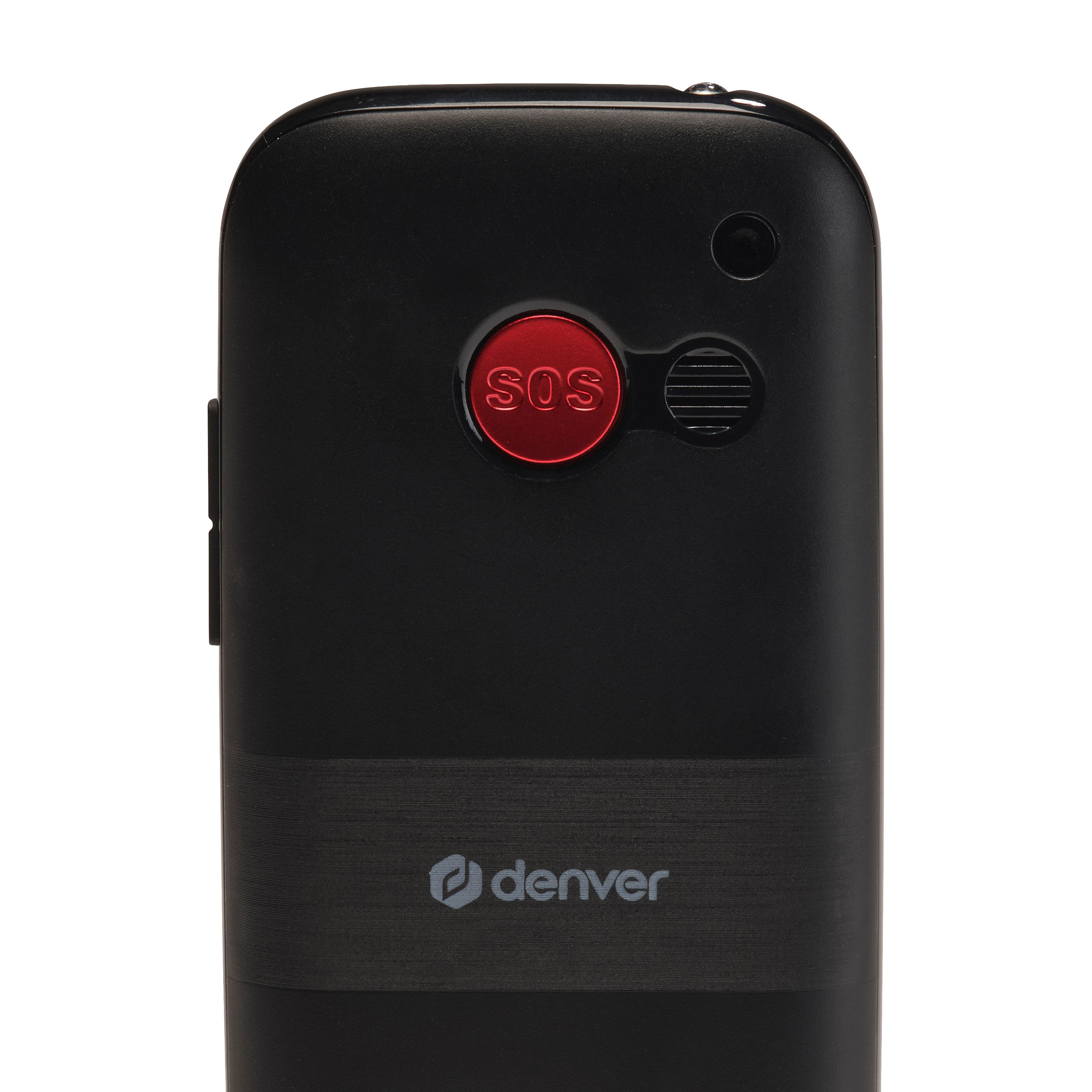 Zwarte mobiele telefoon met rode SOS-knop en Denver-logo.