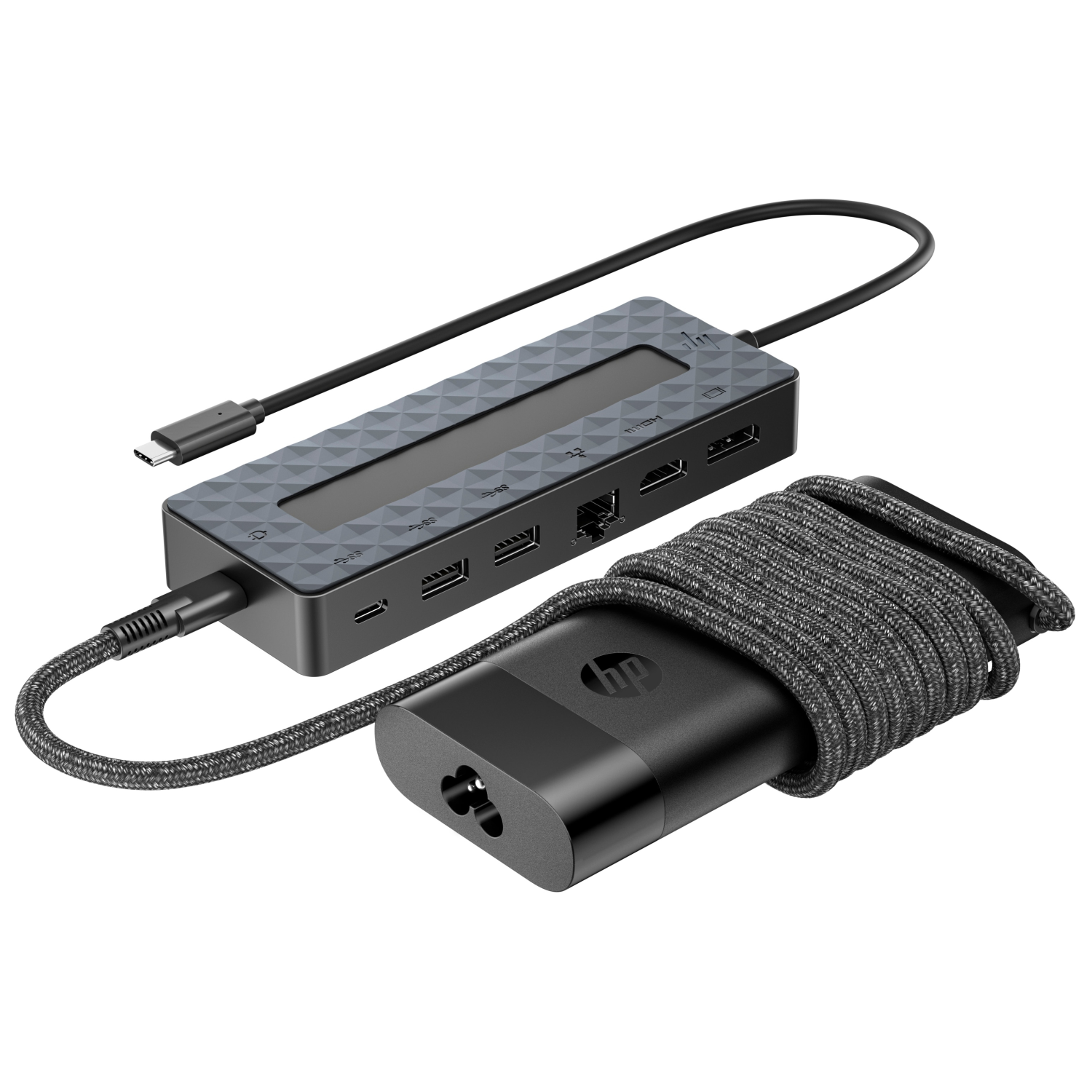 Un adattatore docking station HP nero con cavi su sfondo bianco.