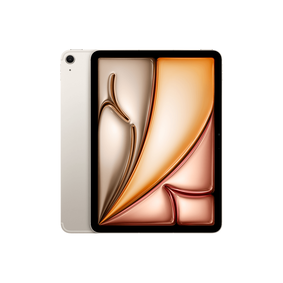 Ein silbernes Tablet mit einem abstrakten, metallisch glänzenden Hintergrund in Gold- und Kupfertönen.