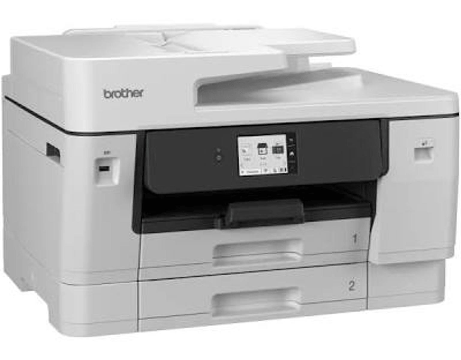 Ein weißer Brother Drucker mit Touchscreen und zwei Papierfächern.