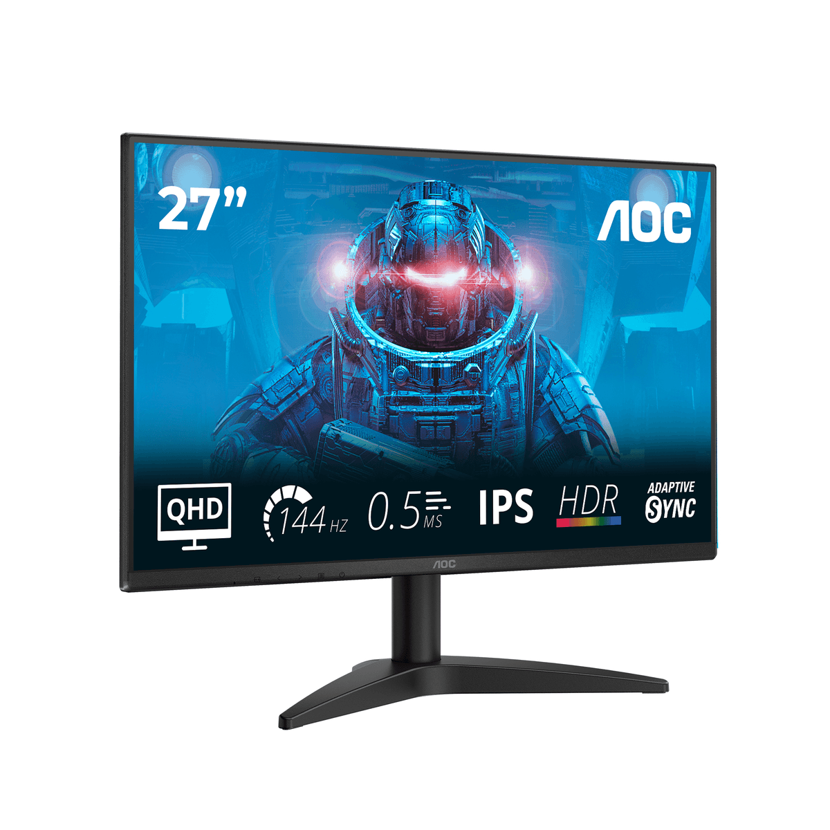 Een 27-inch AOC monitor met futuristische astronautenafbeelding en QHD-specificaties.