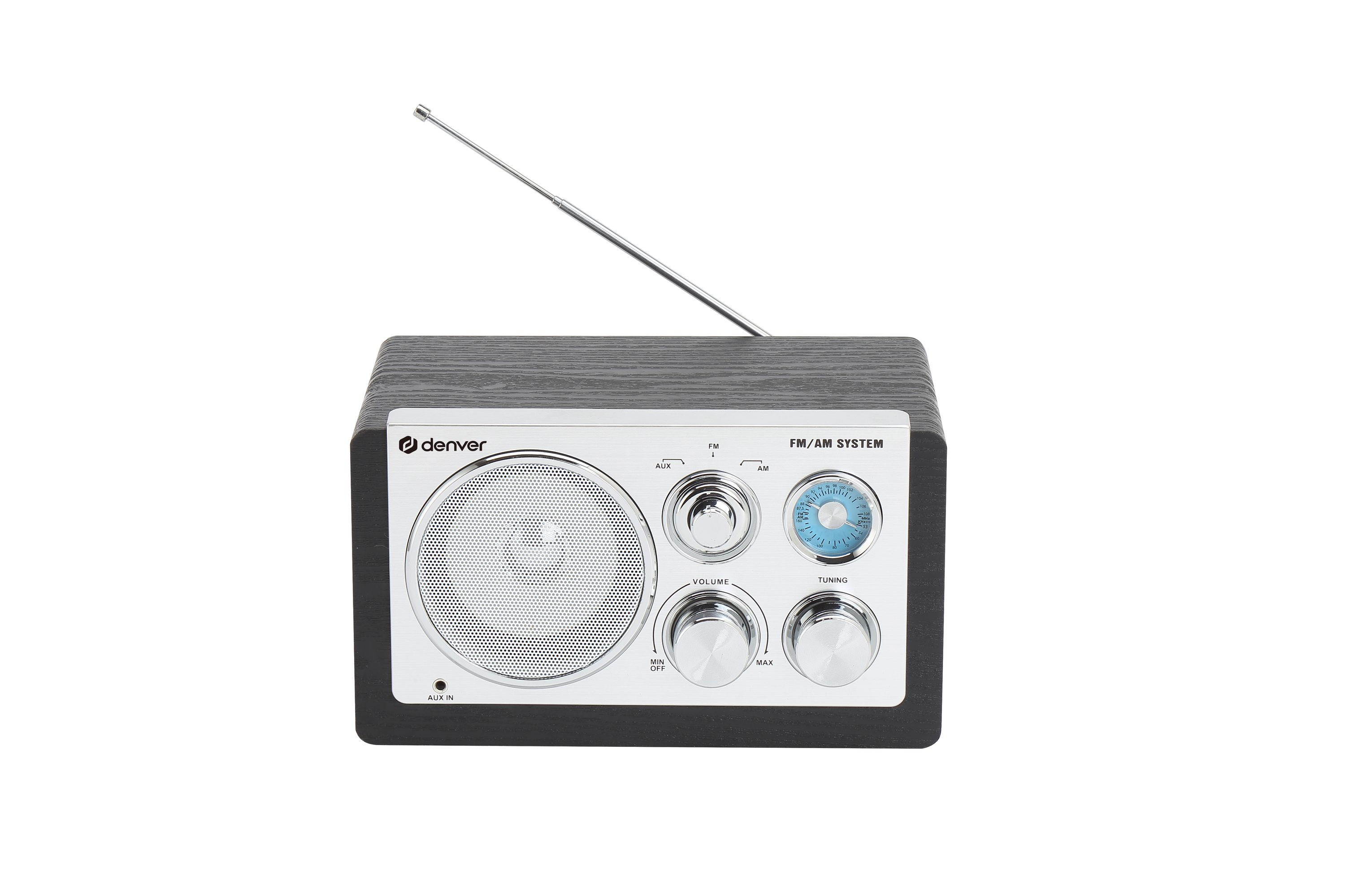 A wood-grain radio with a silver faceplate, speaker, knobs, and antenna.