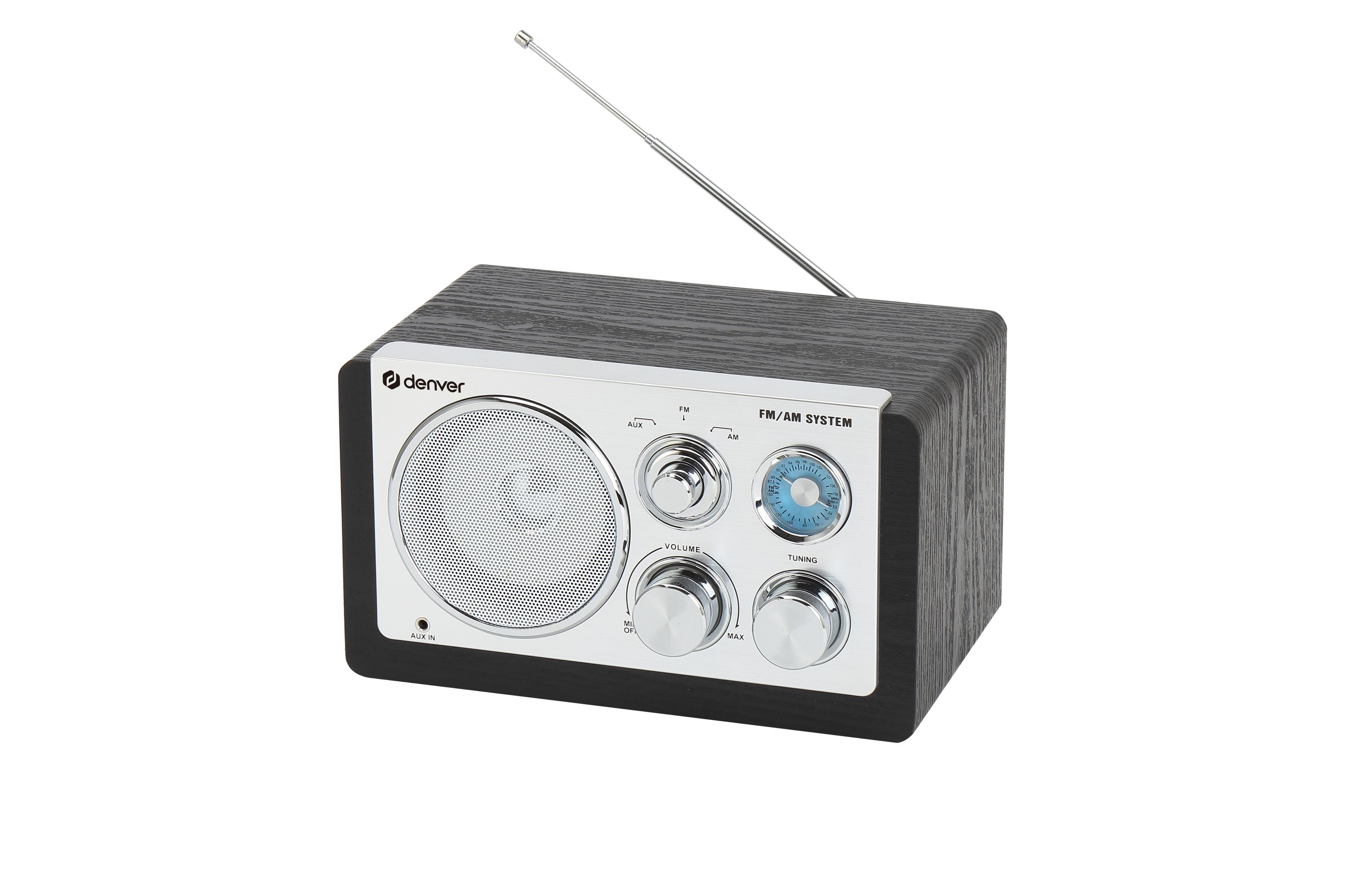 A dark wood radio with silver knobs and a telescopic antenna.