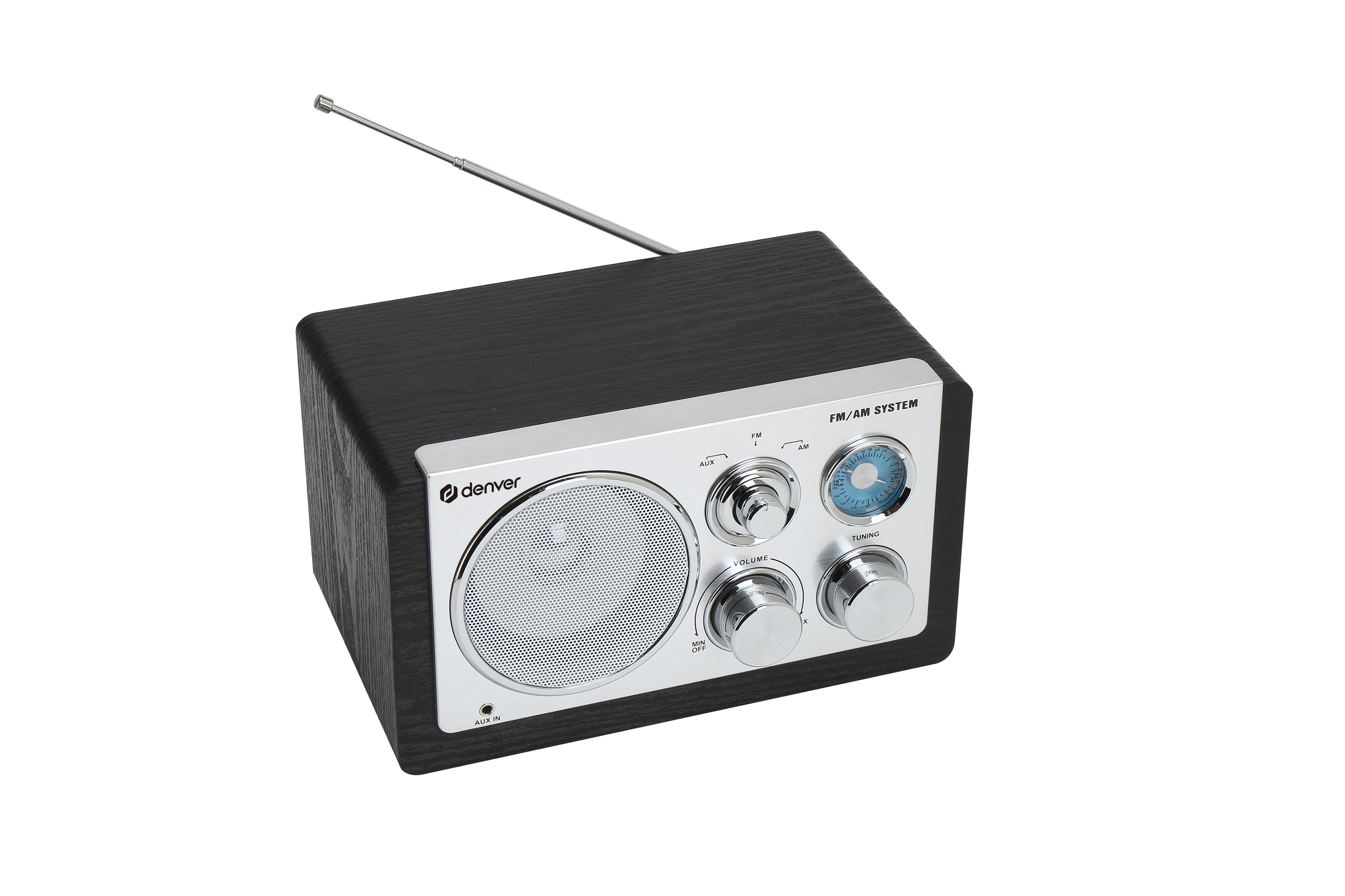 A black Denver FM/AM radio with silver controls and speaker.