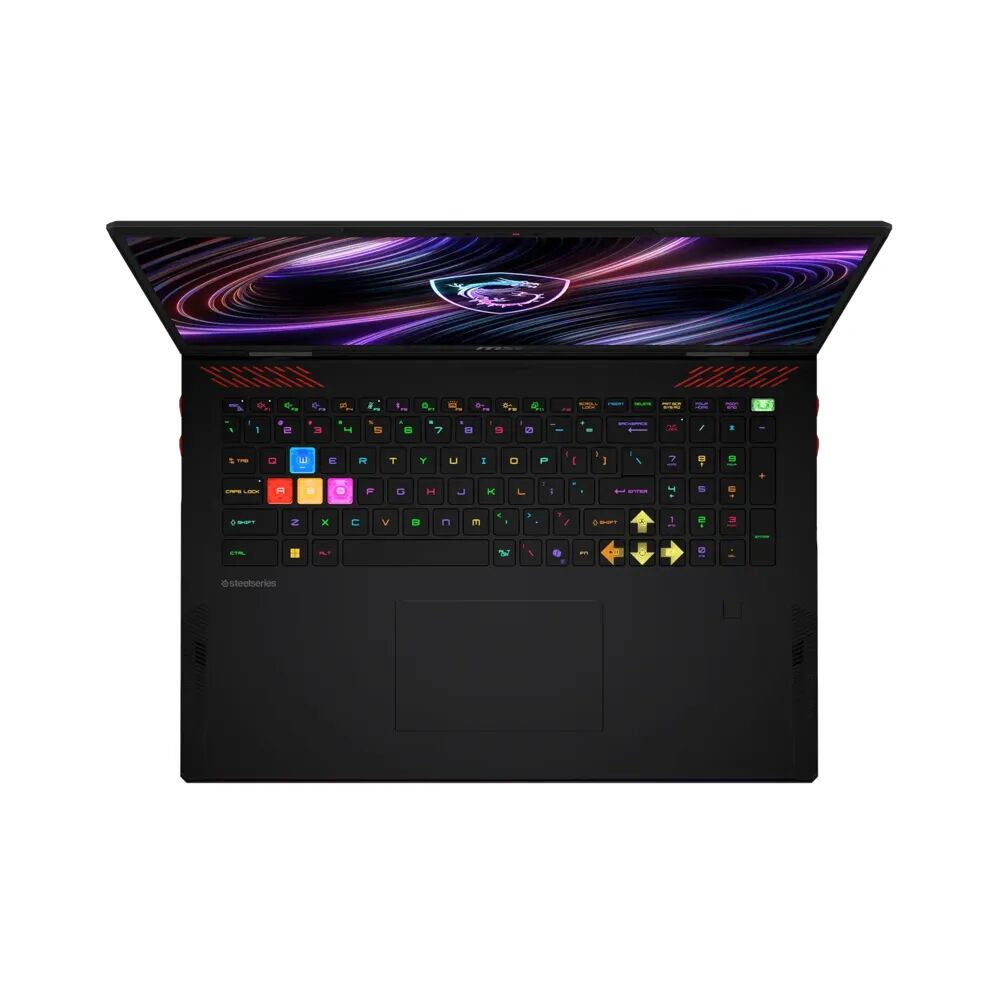 Ekranında MSI logosu ve arkadan aydınlatmalı klavyesi olan açık siyah dizüstü bilgisayar.